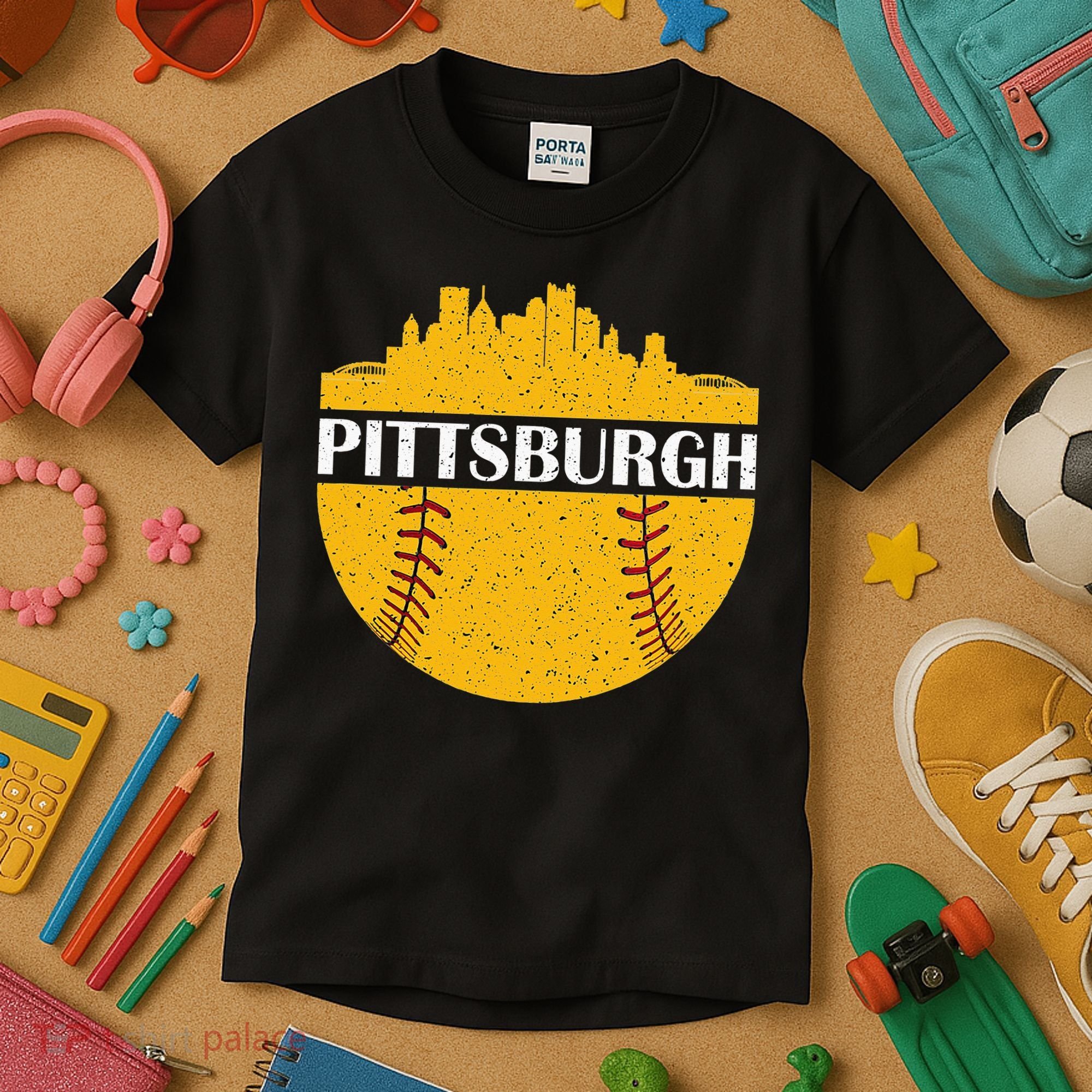 Pittsburgh Baseball Cityscape Distressed Novelty Pirate Kids T-Shirt