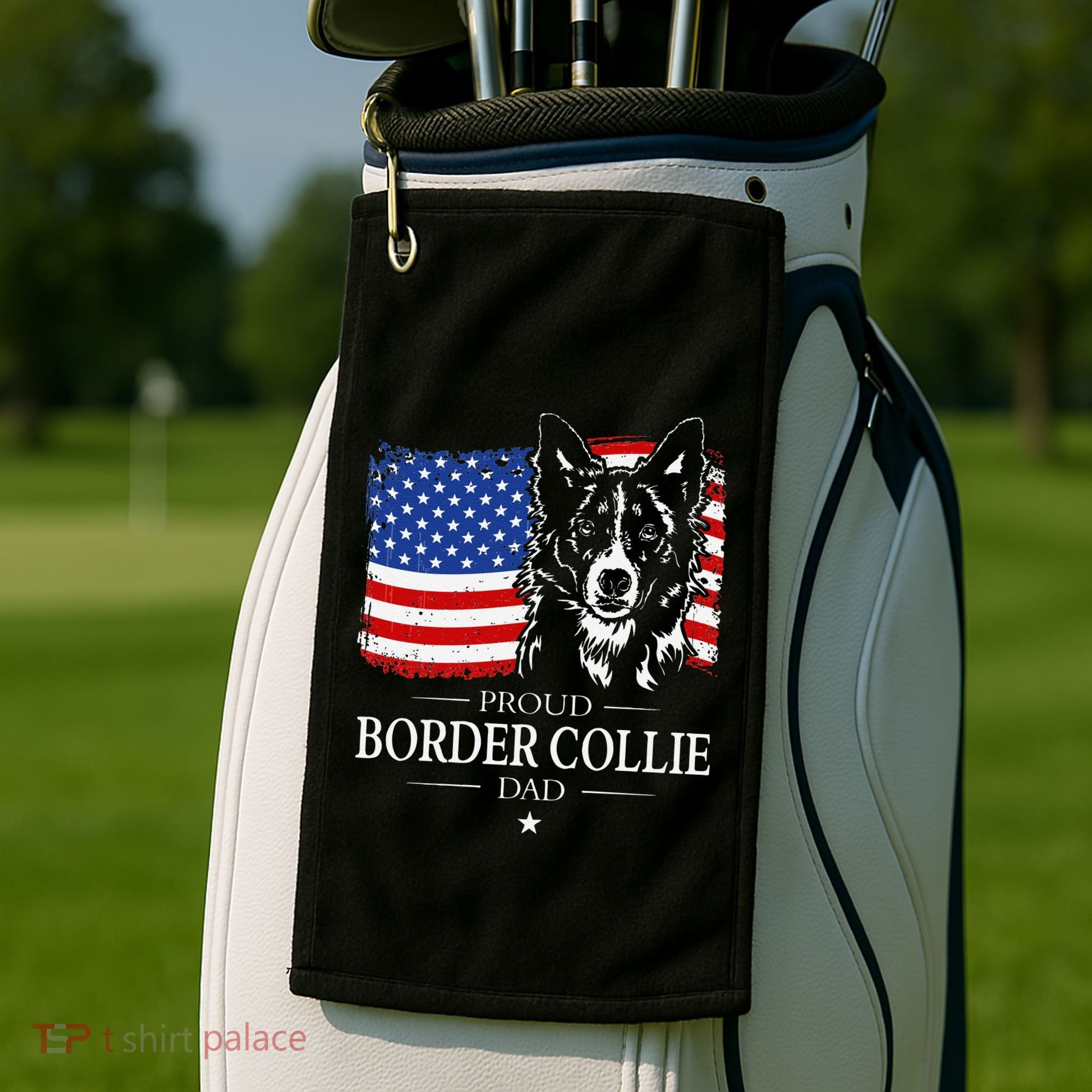 Proud Border Collie Dad American Flag Patriotic Dog Golf Towel