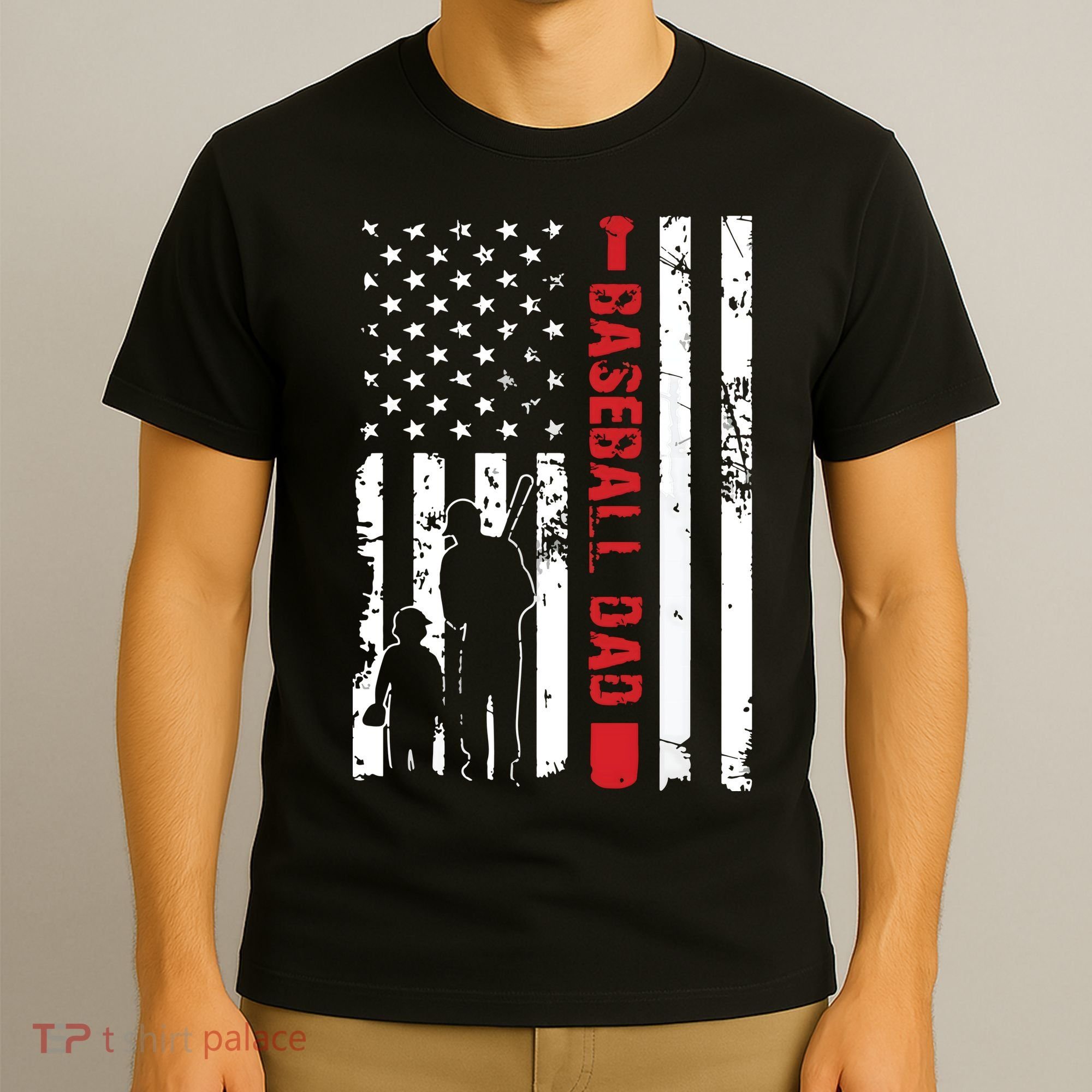 Proud Baseball Dad American Flag Sports T-Shirt