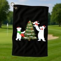 Polar Bear Family With Christmas Tree Golf Towel thumb 1
