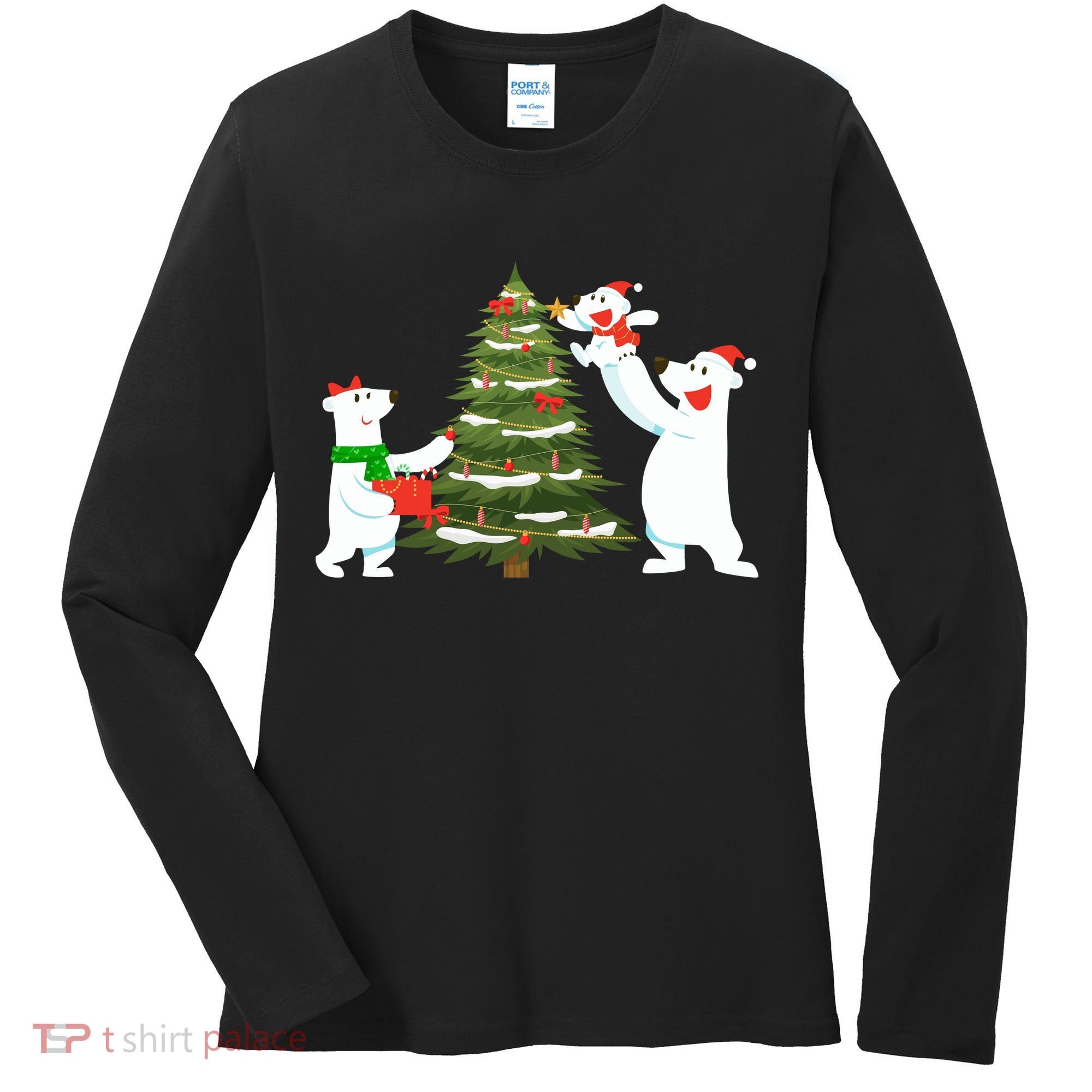 Polar Bear Family With Christmas Tree Women's Long Sleeve Shirt