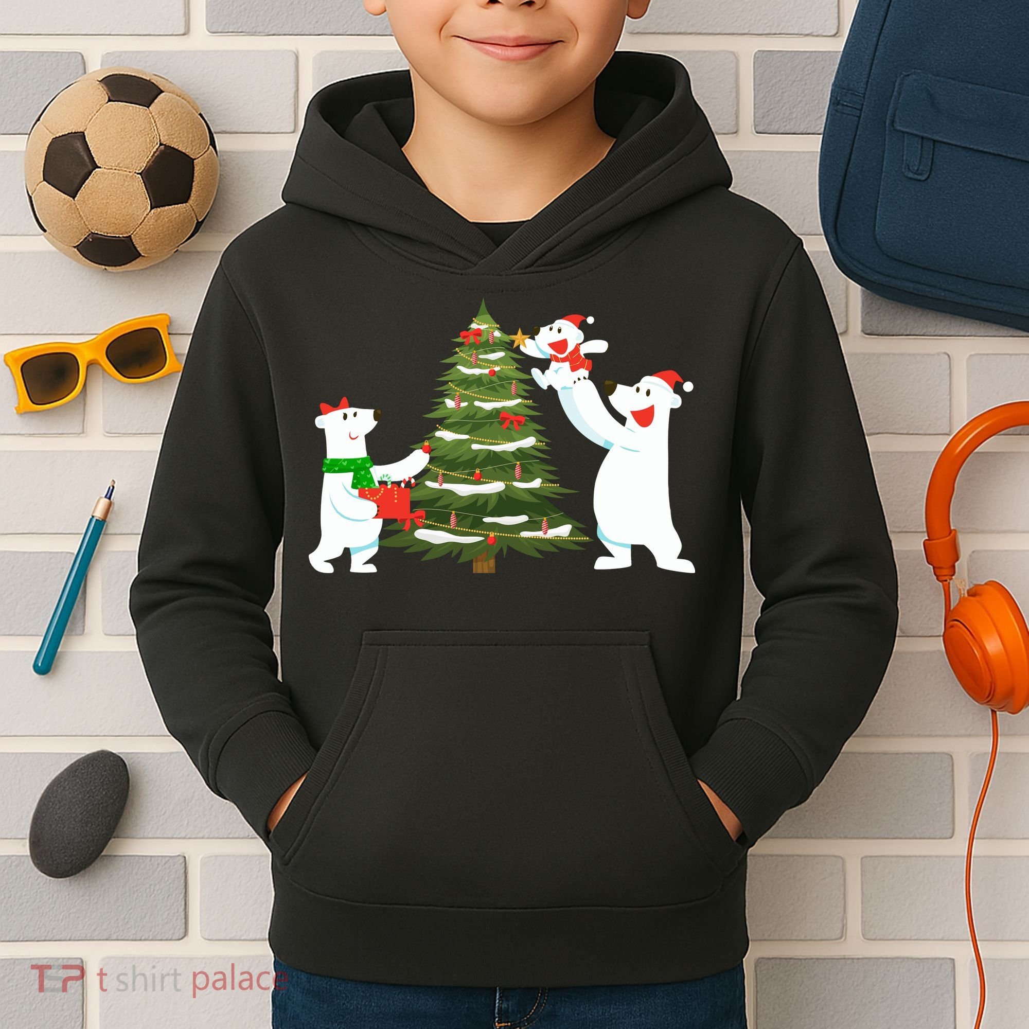 Polar Bear Family With Christmas Tree Kids Hoodie