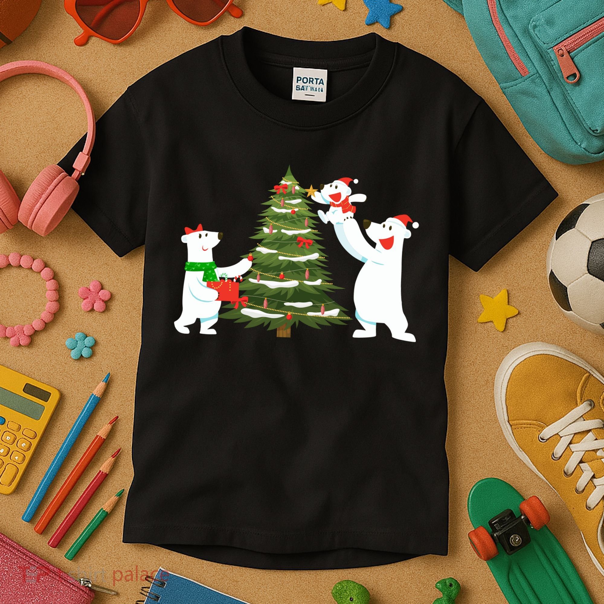 Polar Bear Family With Christmas Tree Kids T-Shirt