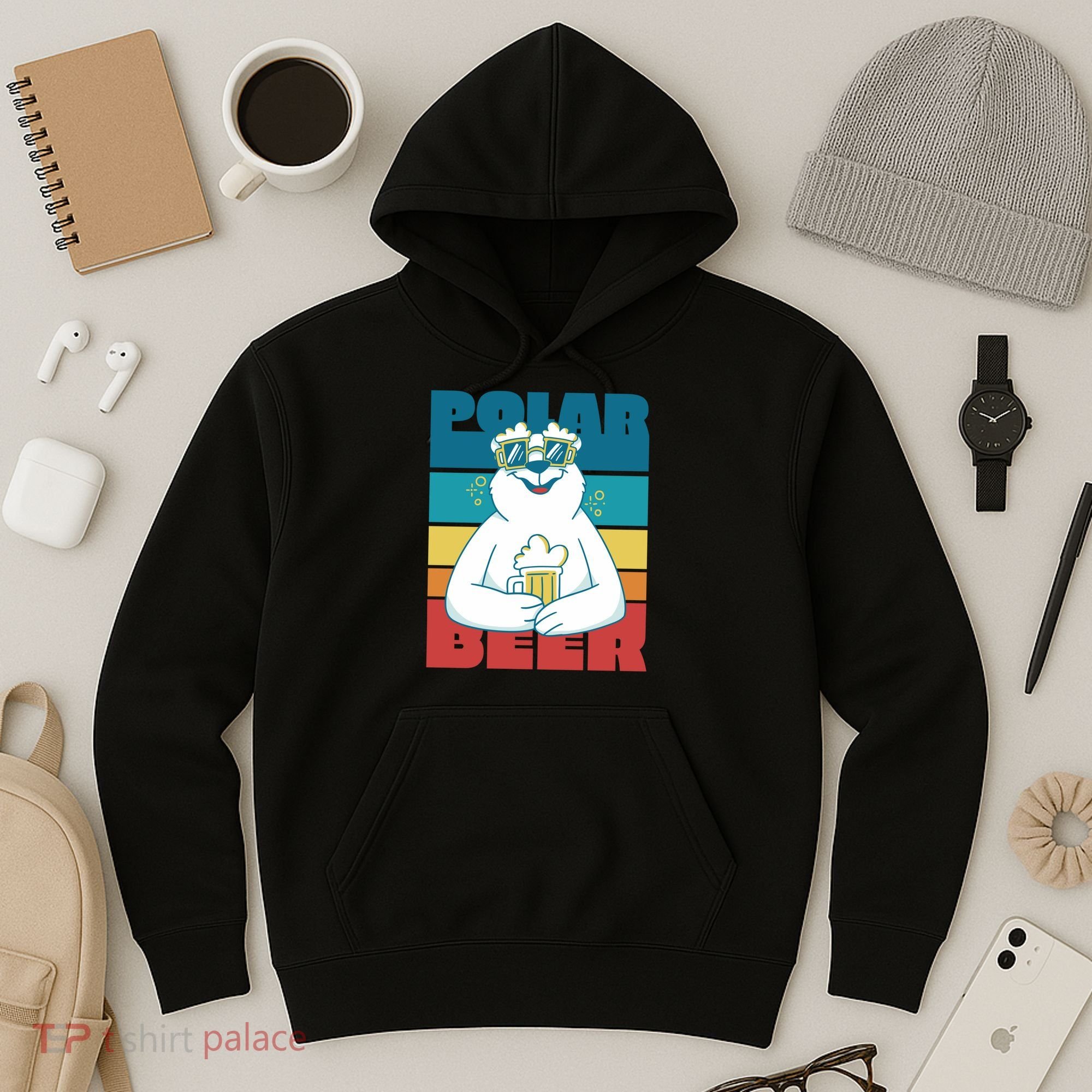 Polar Bear Funny Beer Lover Retro Sunset Hoodie