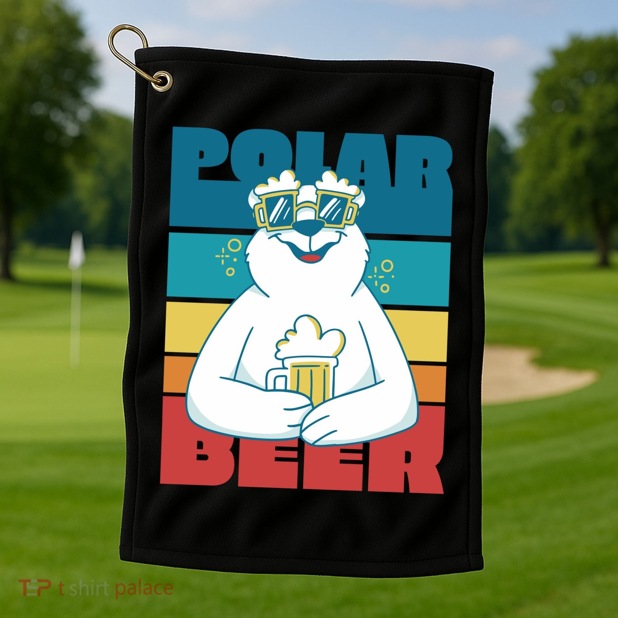 Polar Bear Funny Beer Lover Retro Sunset Golf Towel