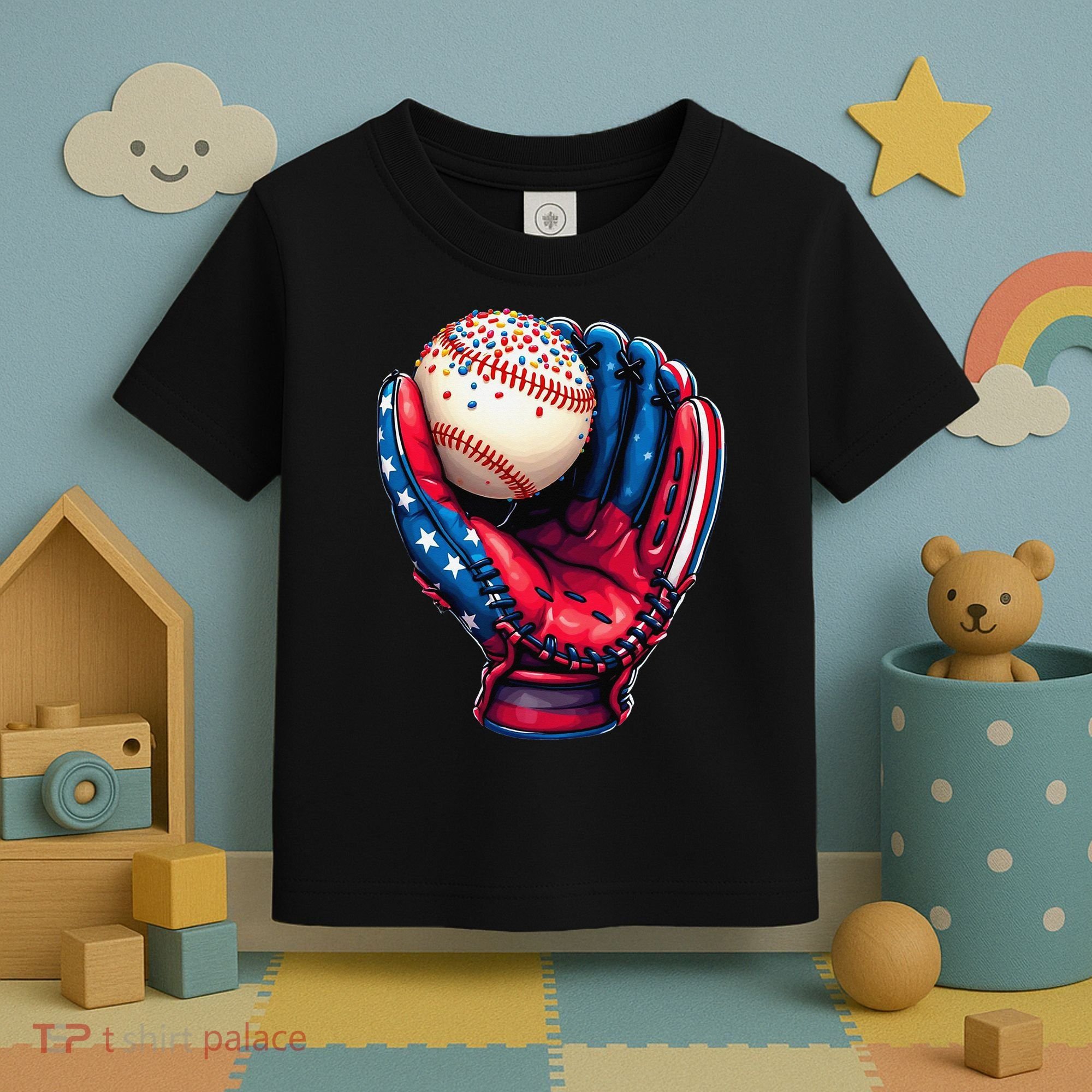 Patriotic Baseball Glove Drip Ice Cream Sprinkles 4th July Toddler T-Shirt