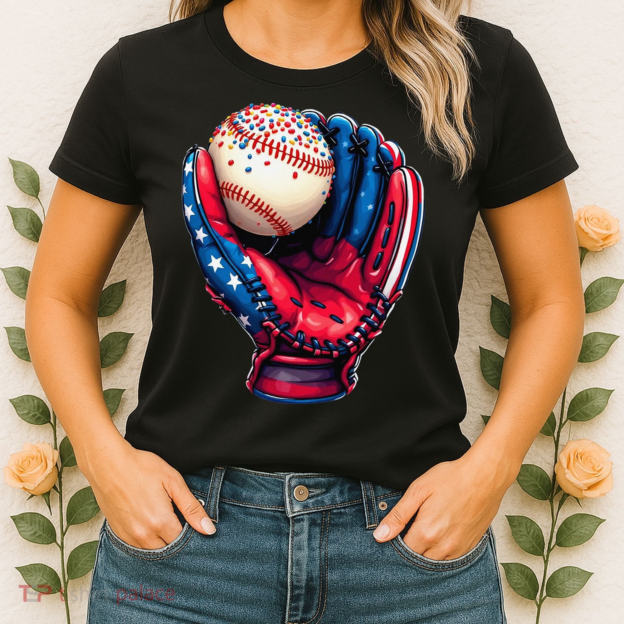 Patriotic Baseball Glove Drip Ice Cream Sprinkles 4th July Women's T-Shirt