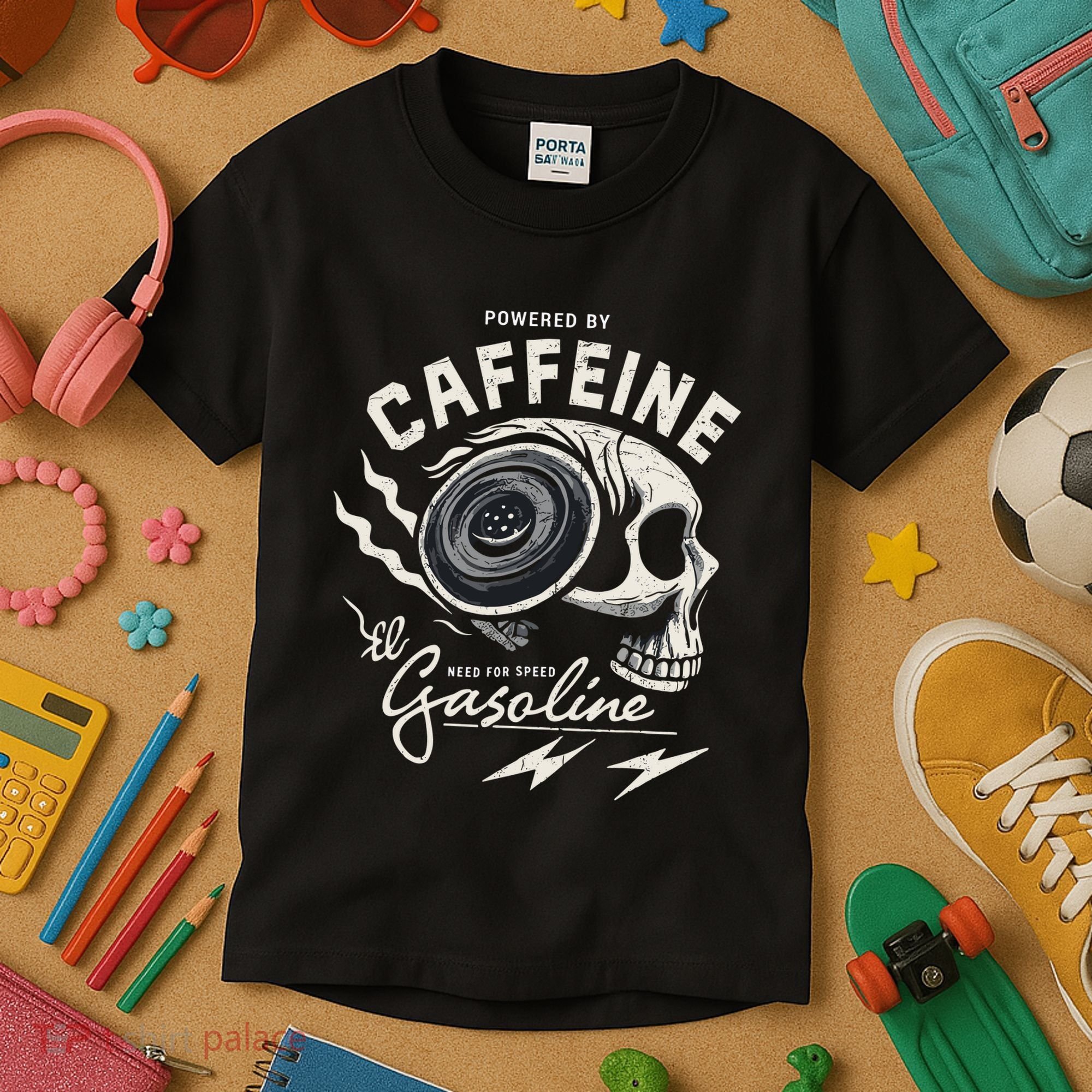 Powered By Gasoline And Caffeine Kids T-Shirt