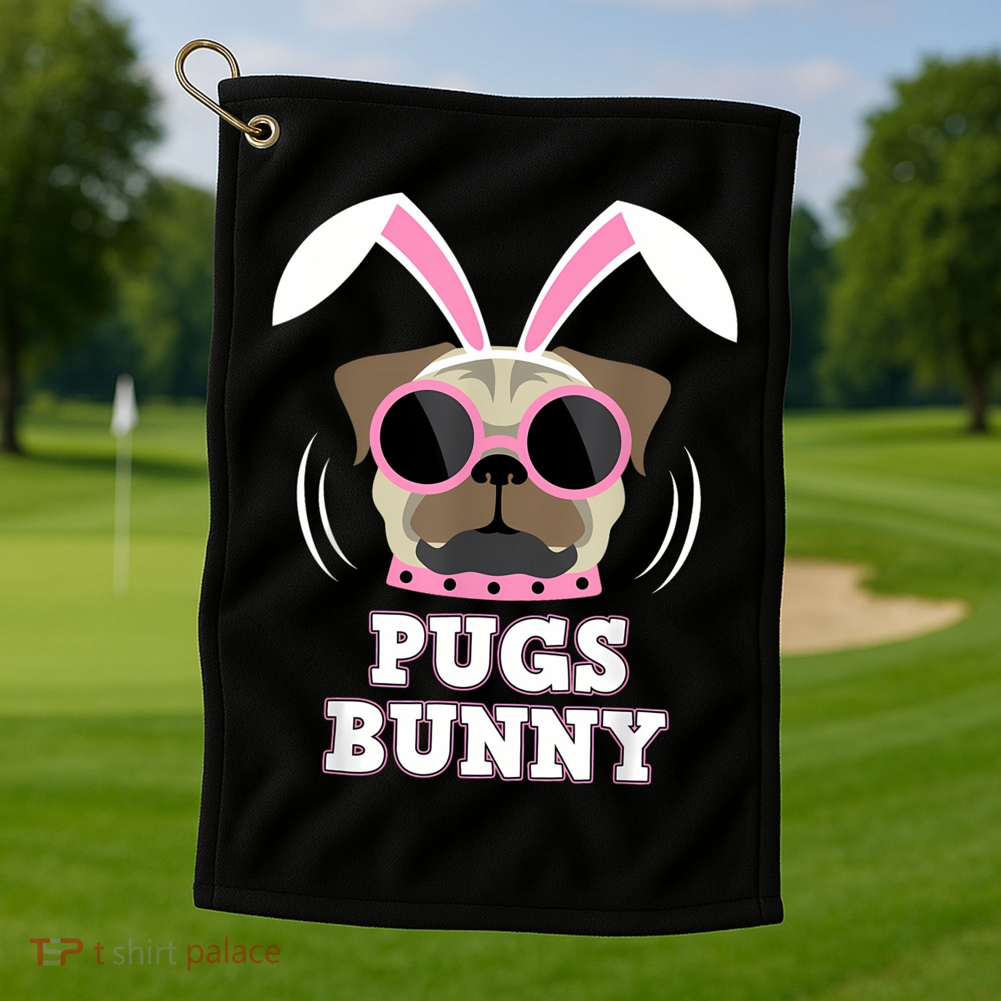 Pugs Bunny Happy Easter Puggy Pug Lover Easter Bunny Dog Golf Towel