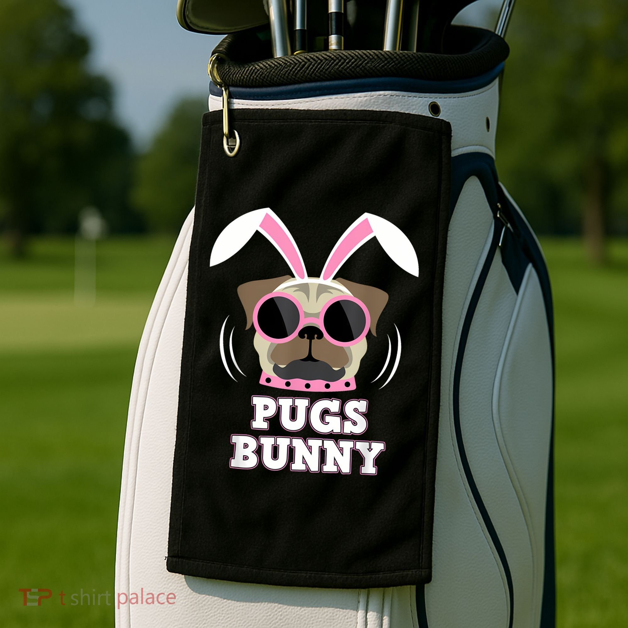 Pugs Bunny Happy Easter Puggy Pug Lover Easter Bunny Dog Golf Towel