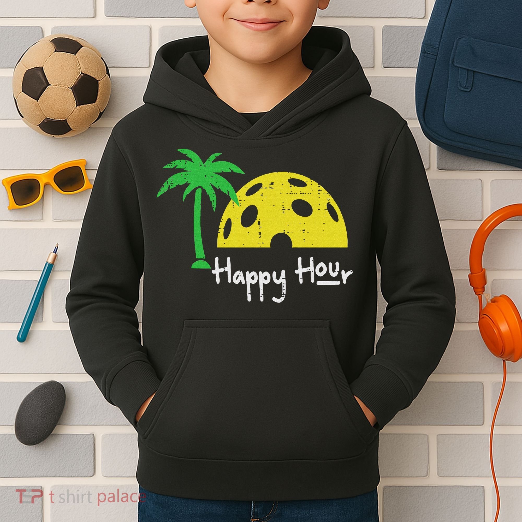 Pickle Ball Happy Hour Palm Tree Pickleball Women Kids Hoodie