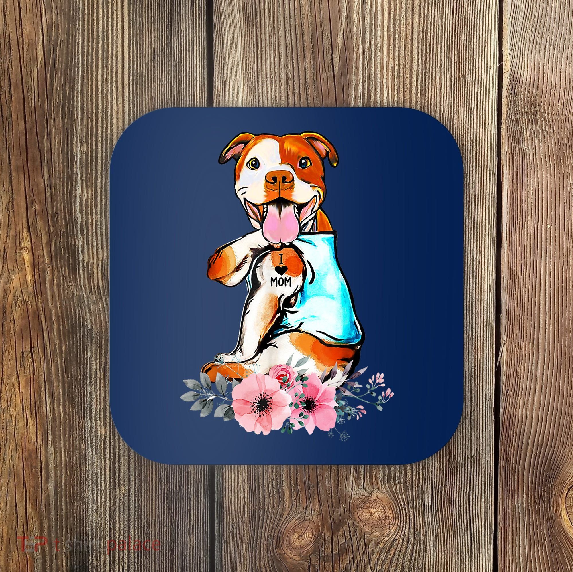 Pit Bull I Love Mom Tattoo Mother's Day Gift Coaster