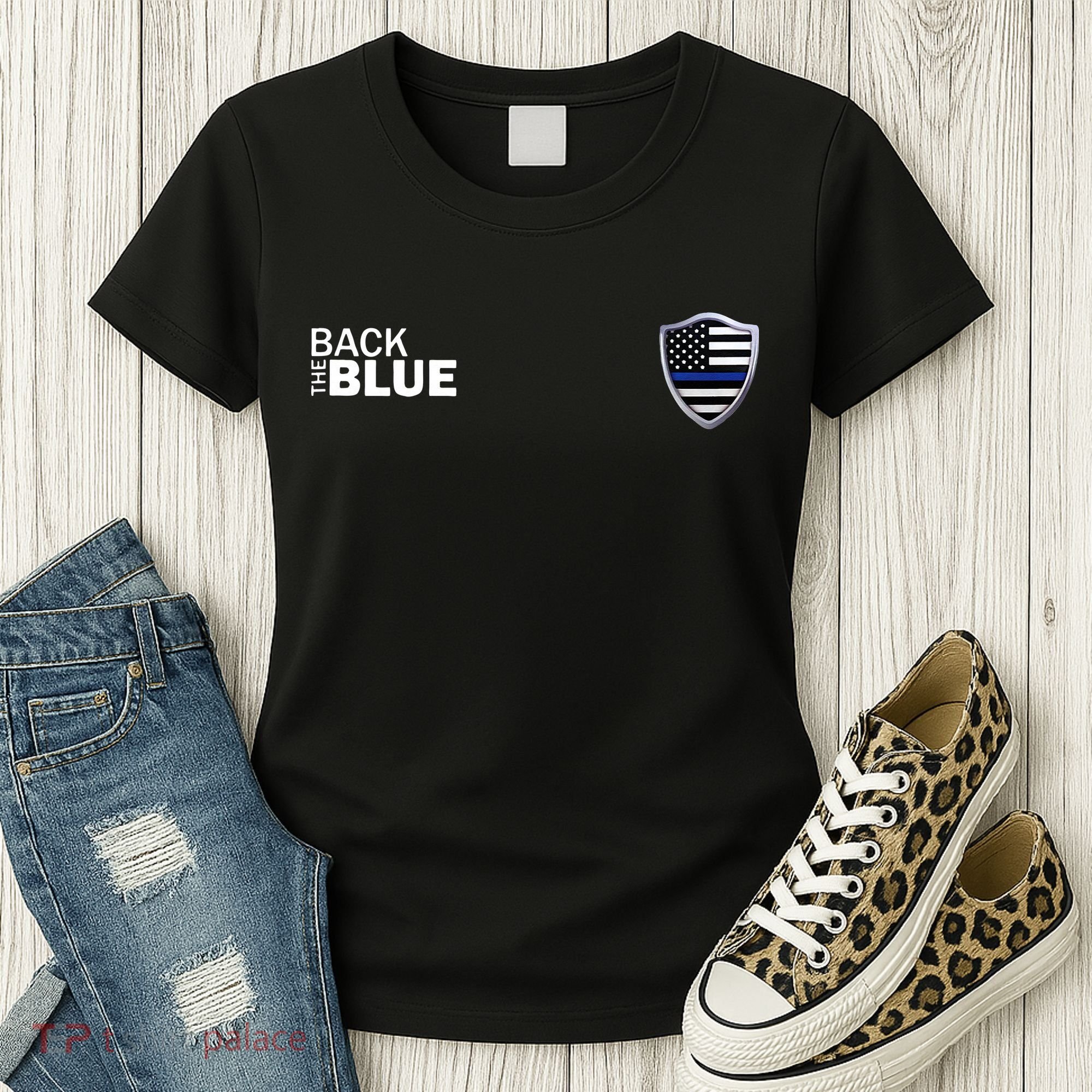 Police Blue Line US Flag Police Shield Blue Lives Matter Women's T-Shirt
