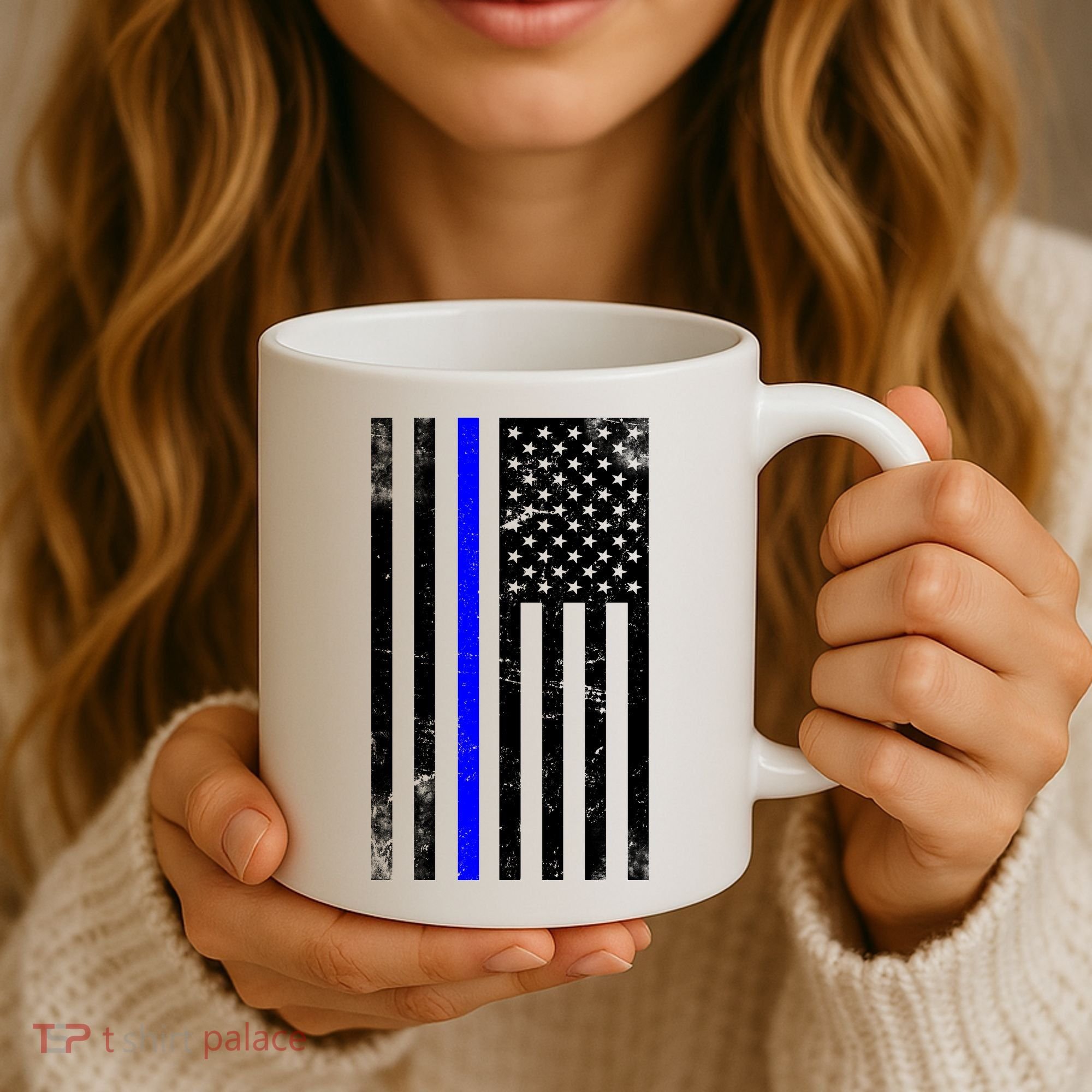 Police Blue Line American Flag Coffee Mug