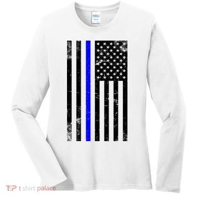 Police Blue Line American Flag Women's Long Sleeve Shirt