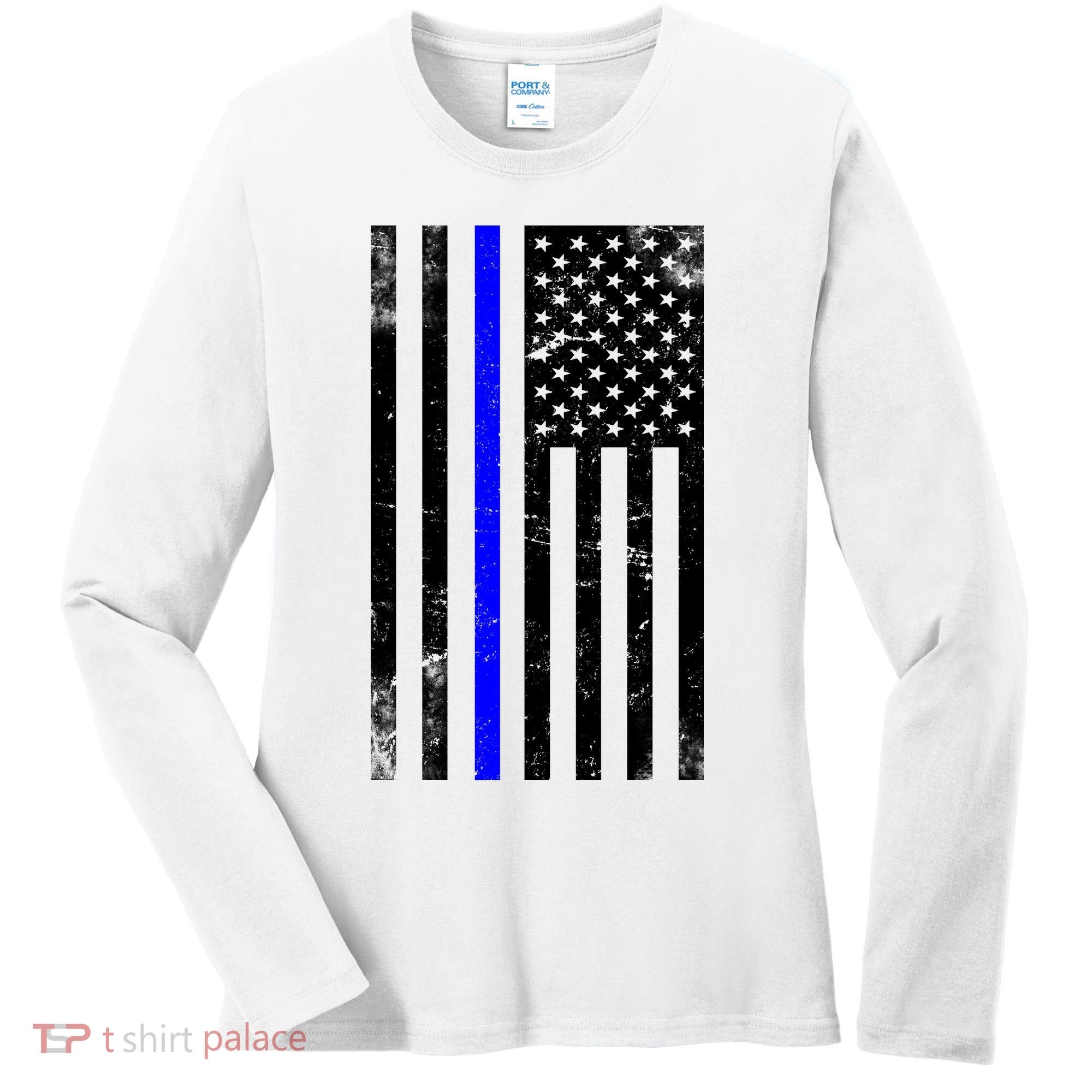 Police Blue Line American Flag Women's Long Sleeve Shirt