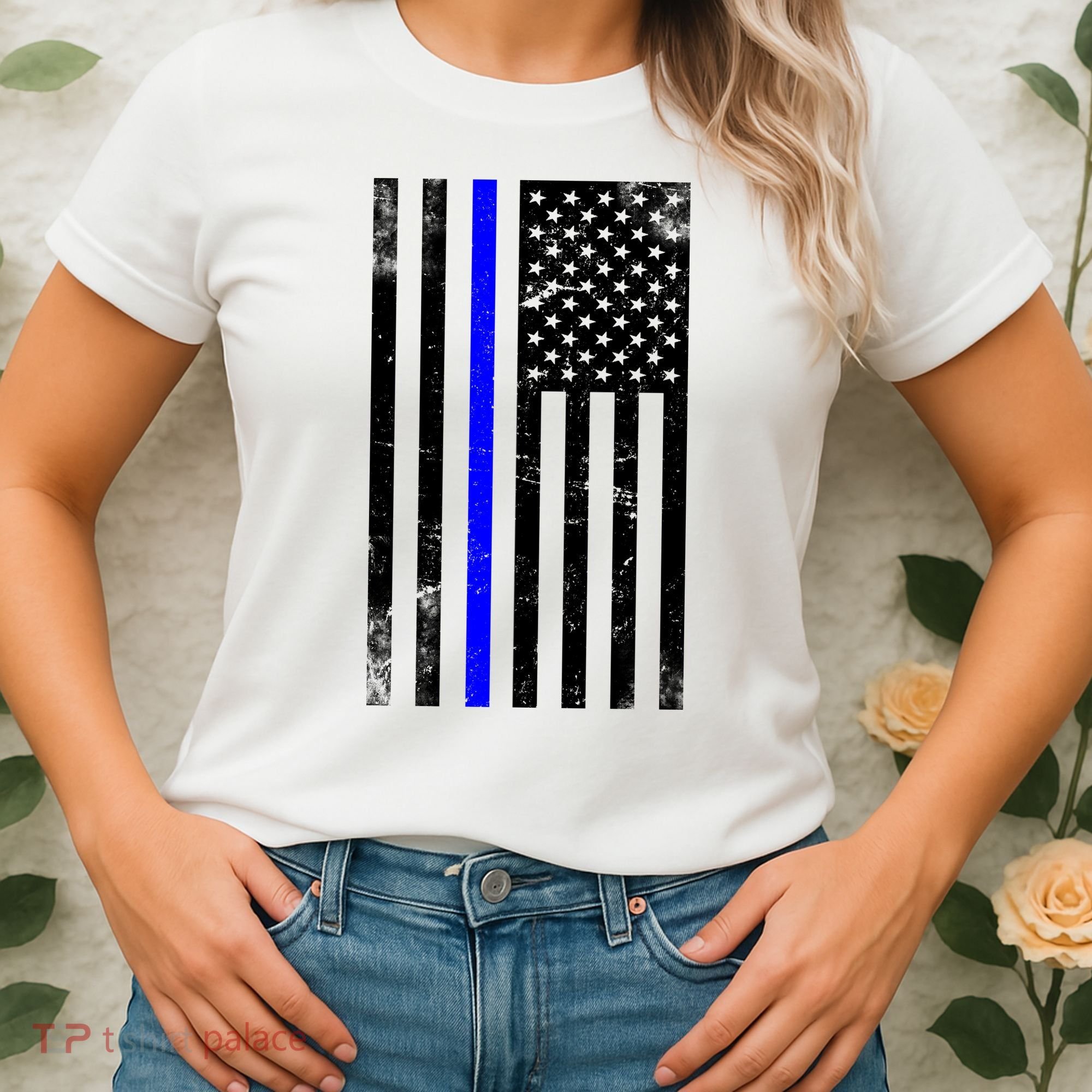 Police Blue Line American Flag Women's T-Shirt
