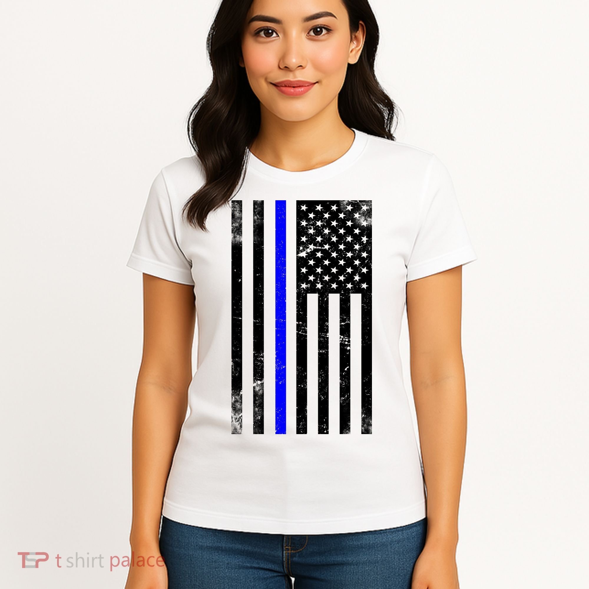 Police Blue Line American Flag Women's T-Shirt