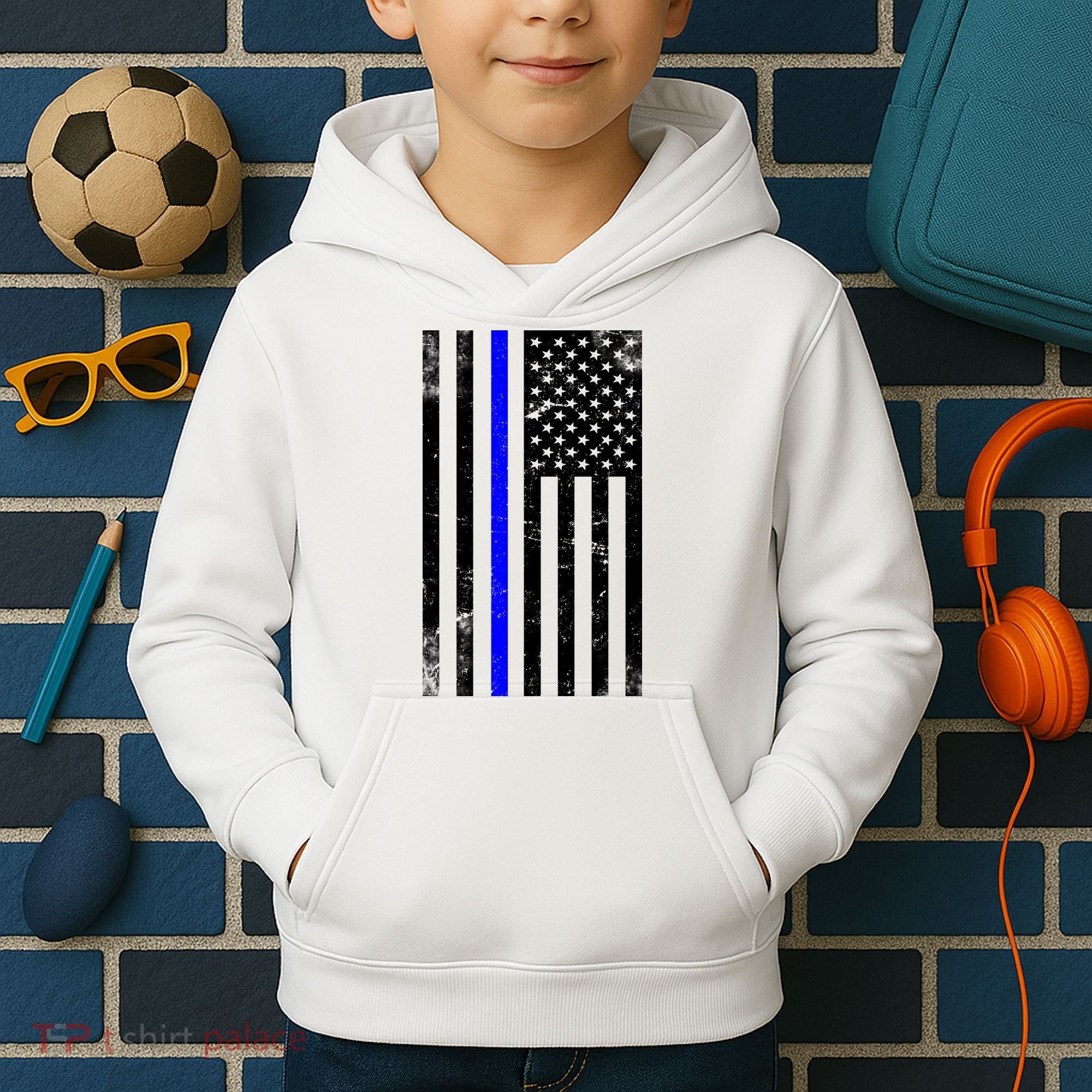 Police Blue Line American Flag Kids Hoodie