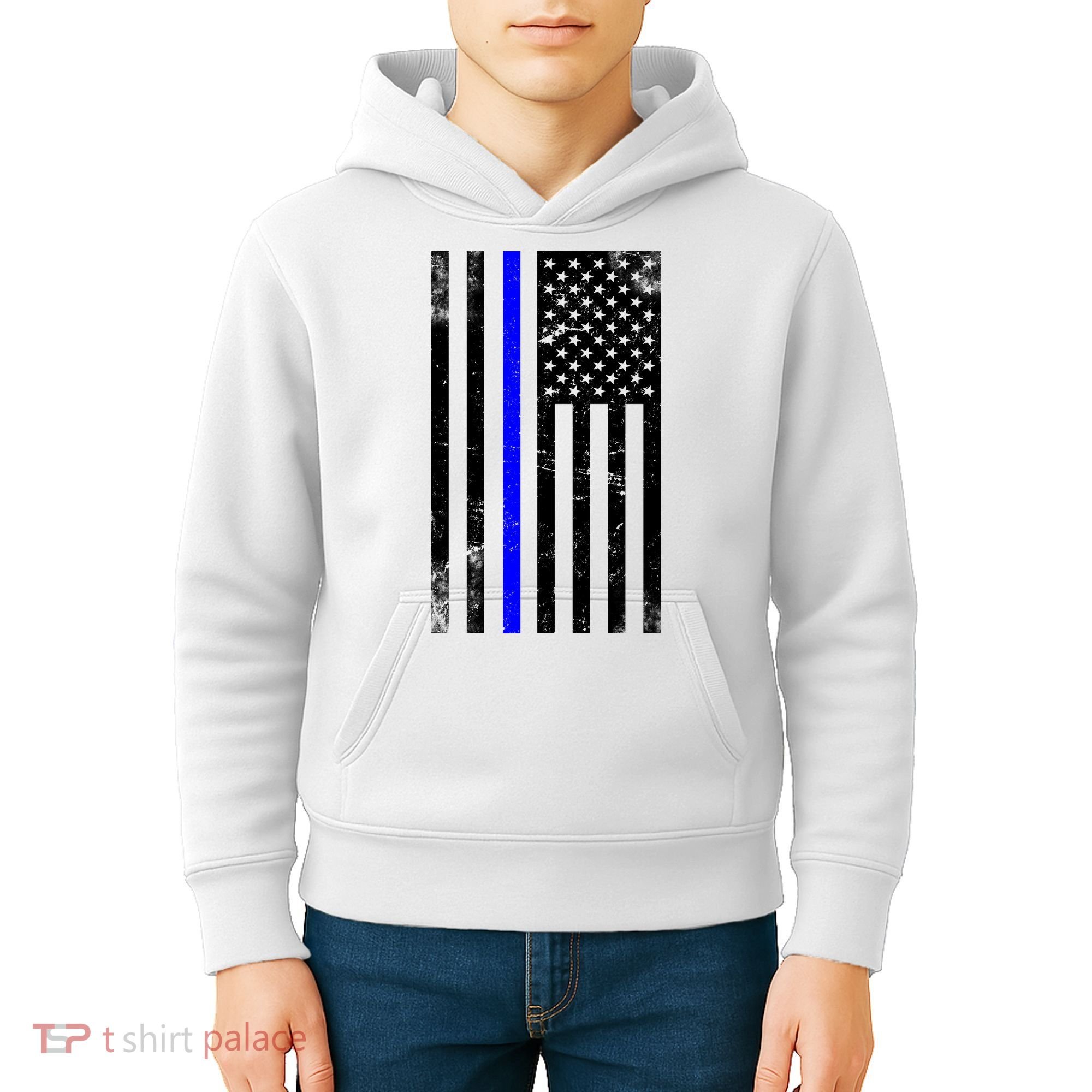 Police Blue Line American Flag Kids Hoodie