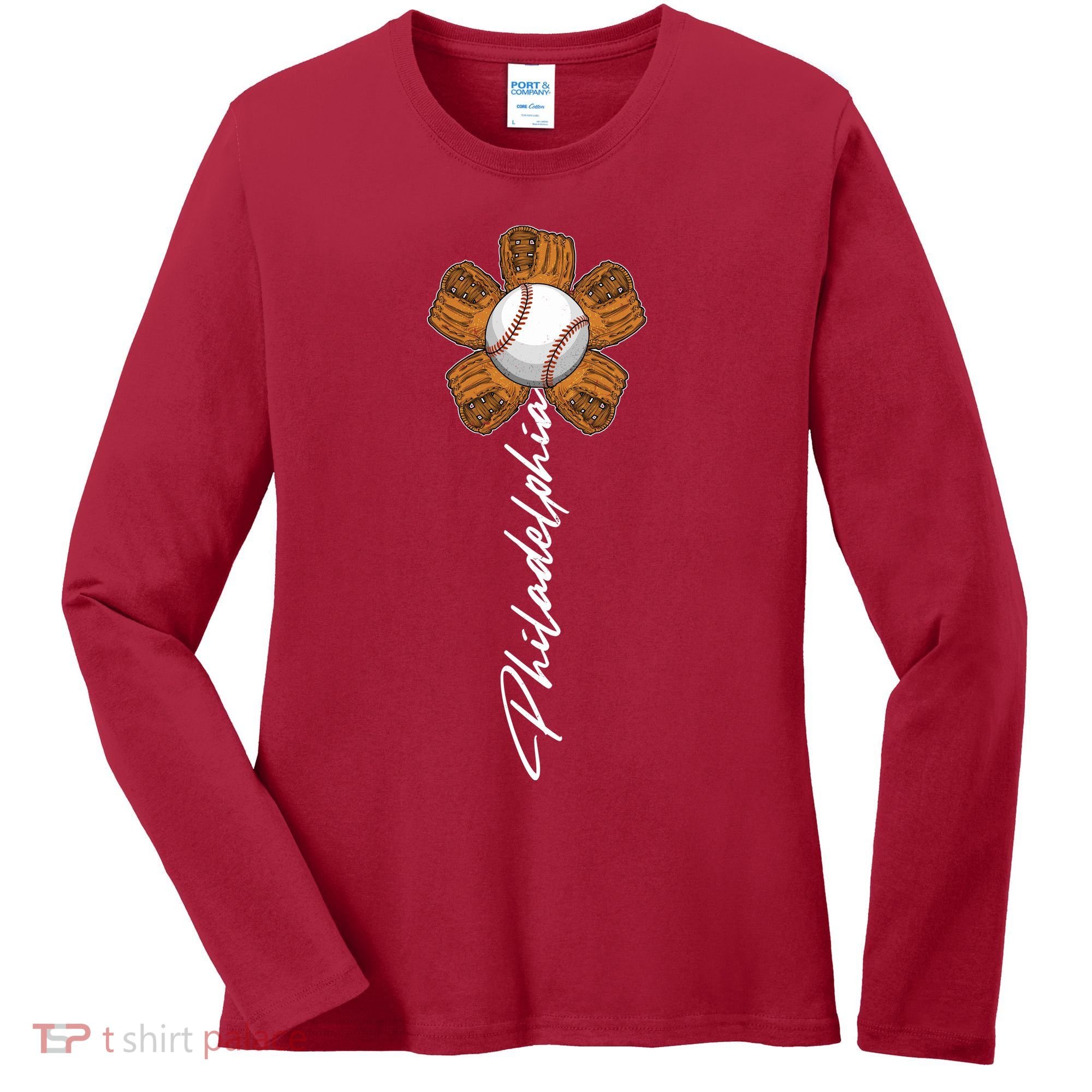 Philadelphia Baseball Mitt Flower Baseball Fan Women's Long Sleeve Shirt