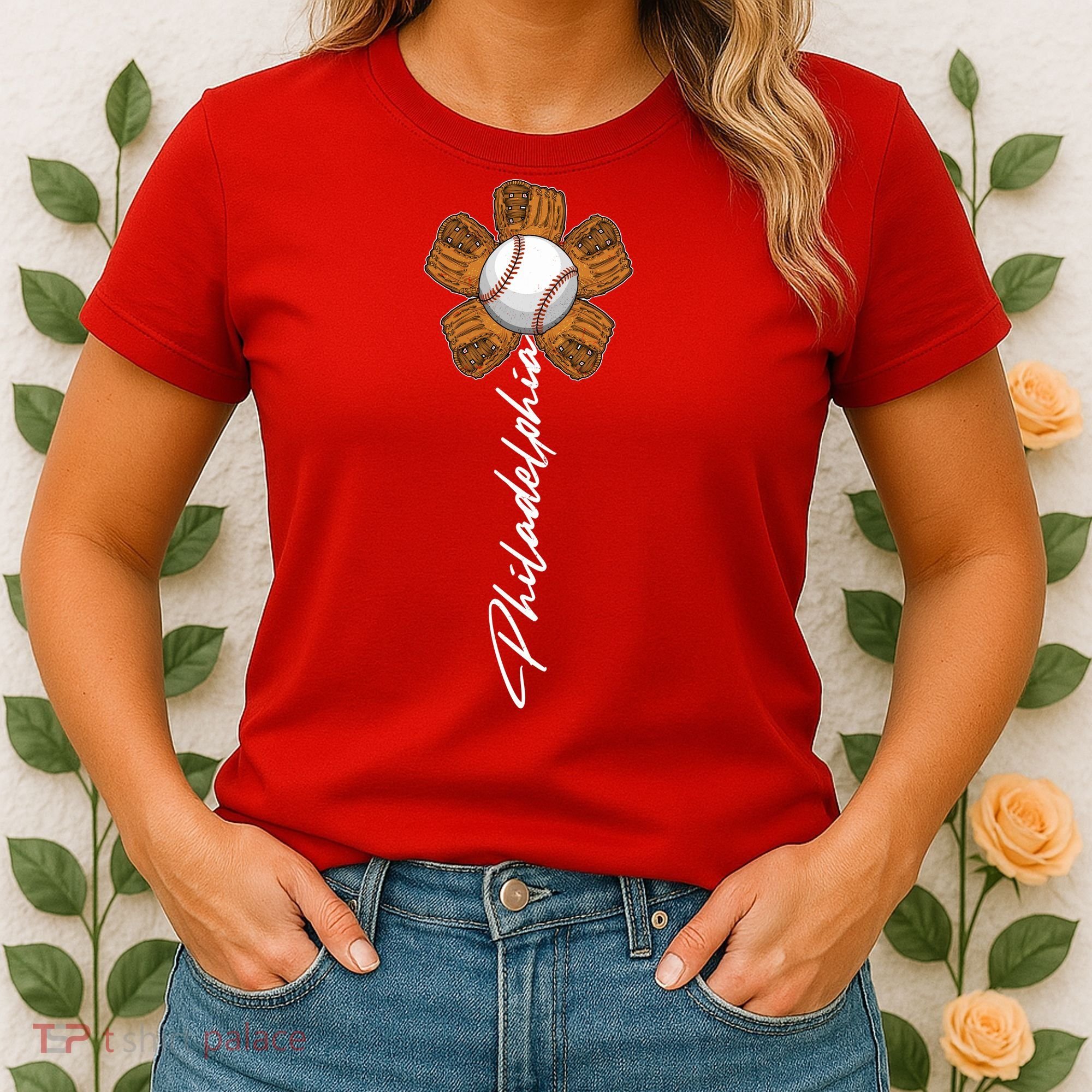 Philadelphia Baseball Mitt Flower Baseball Fan Women's T-Shirt
