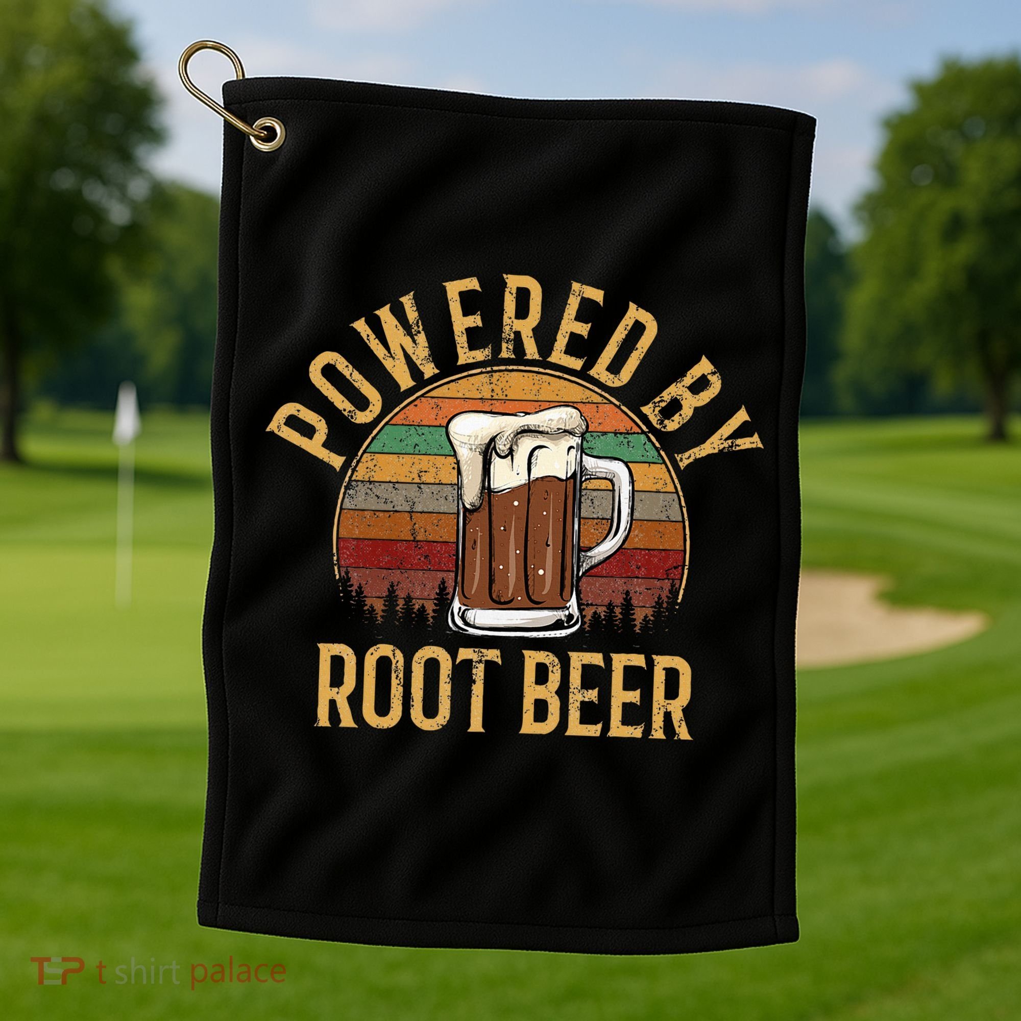 Powered by root beer retro root beer Golf Towel