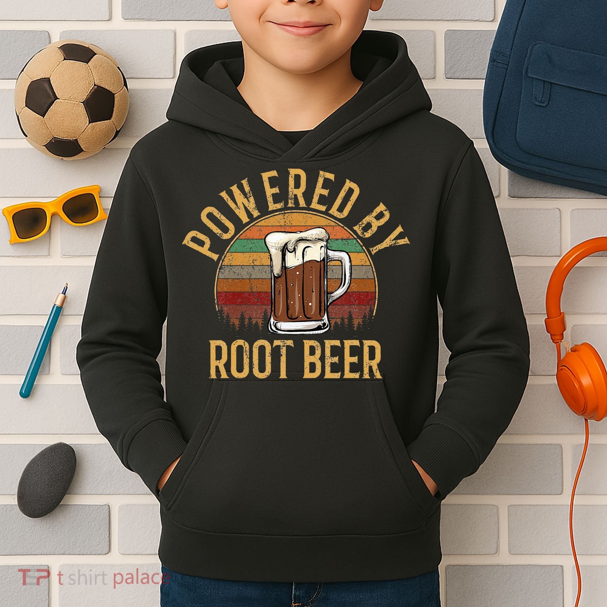 Powered by root beer retro root beer Kids Hoodie
