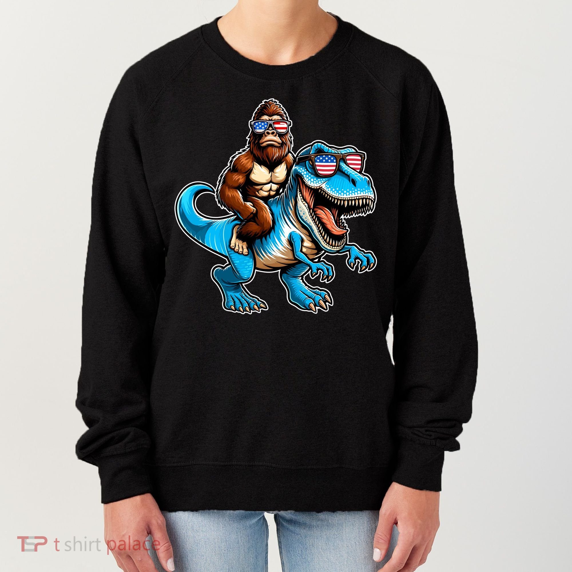 Patriotic Bigfoot Riding T Rex Women's Sweatshirt