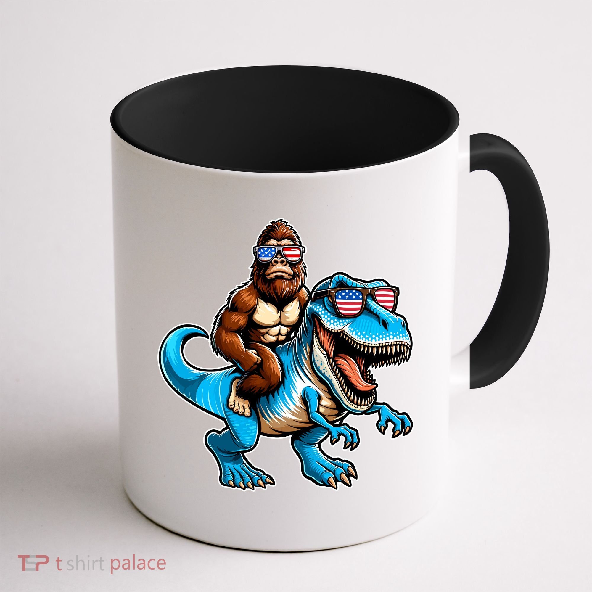 Patriotic Bigfoot Riding T Rex Coffee Mug