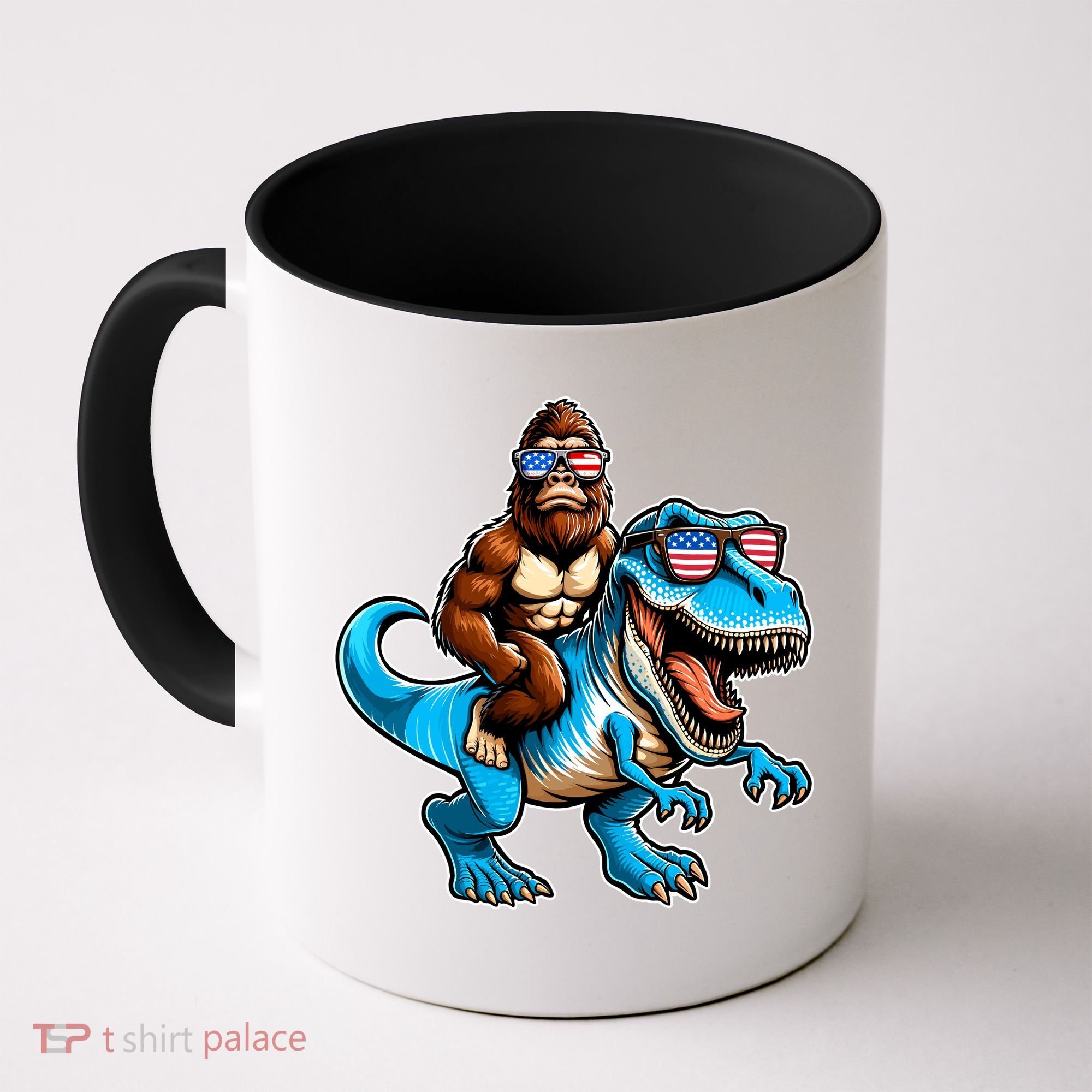 Patriotic Bigfoot Riding T Rex Coffee Mug