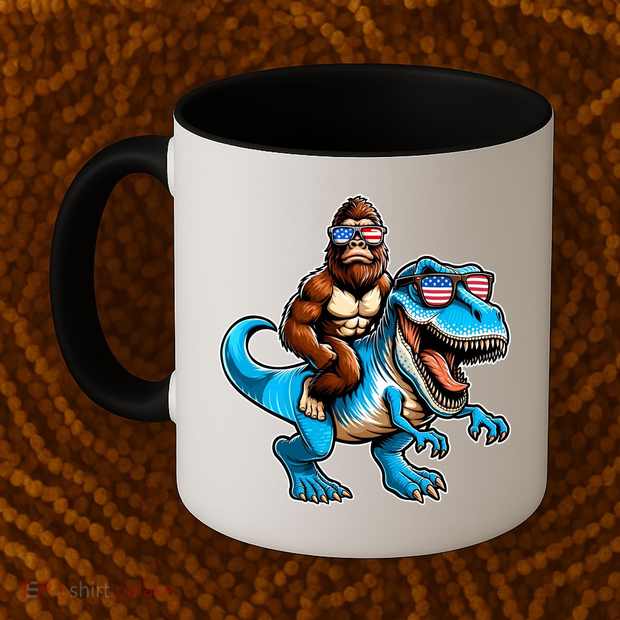 Patriotic Bigfoot Riding T Rex Coffee Mug