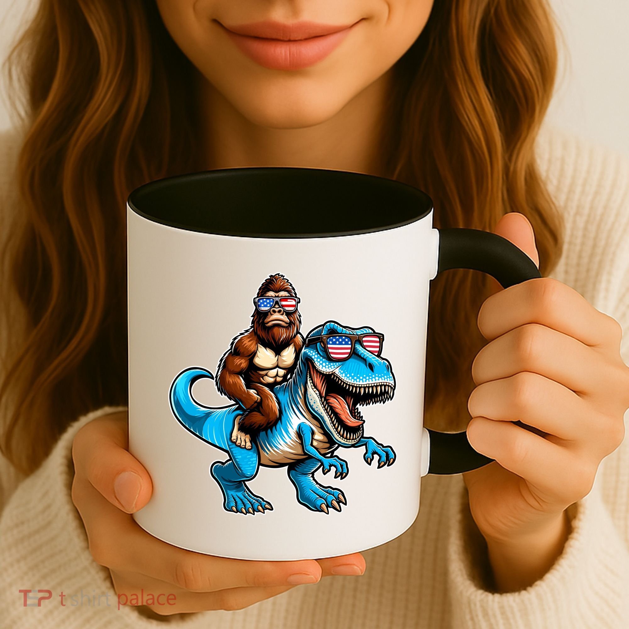 Patriotic Bigfoot Riding T Rex Coffee Mug
