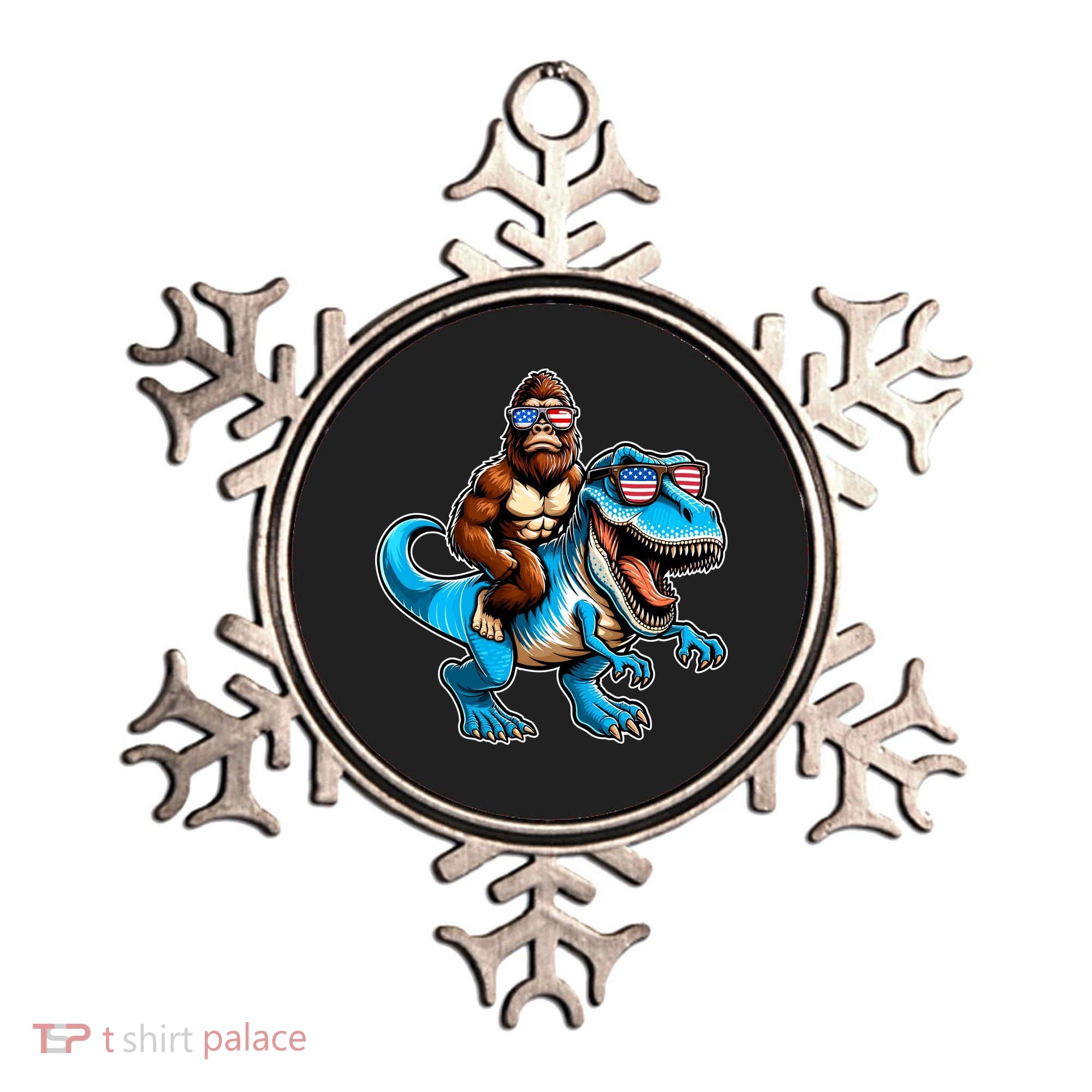 Patriotic Bigfoot Riding T Rex Ornament