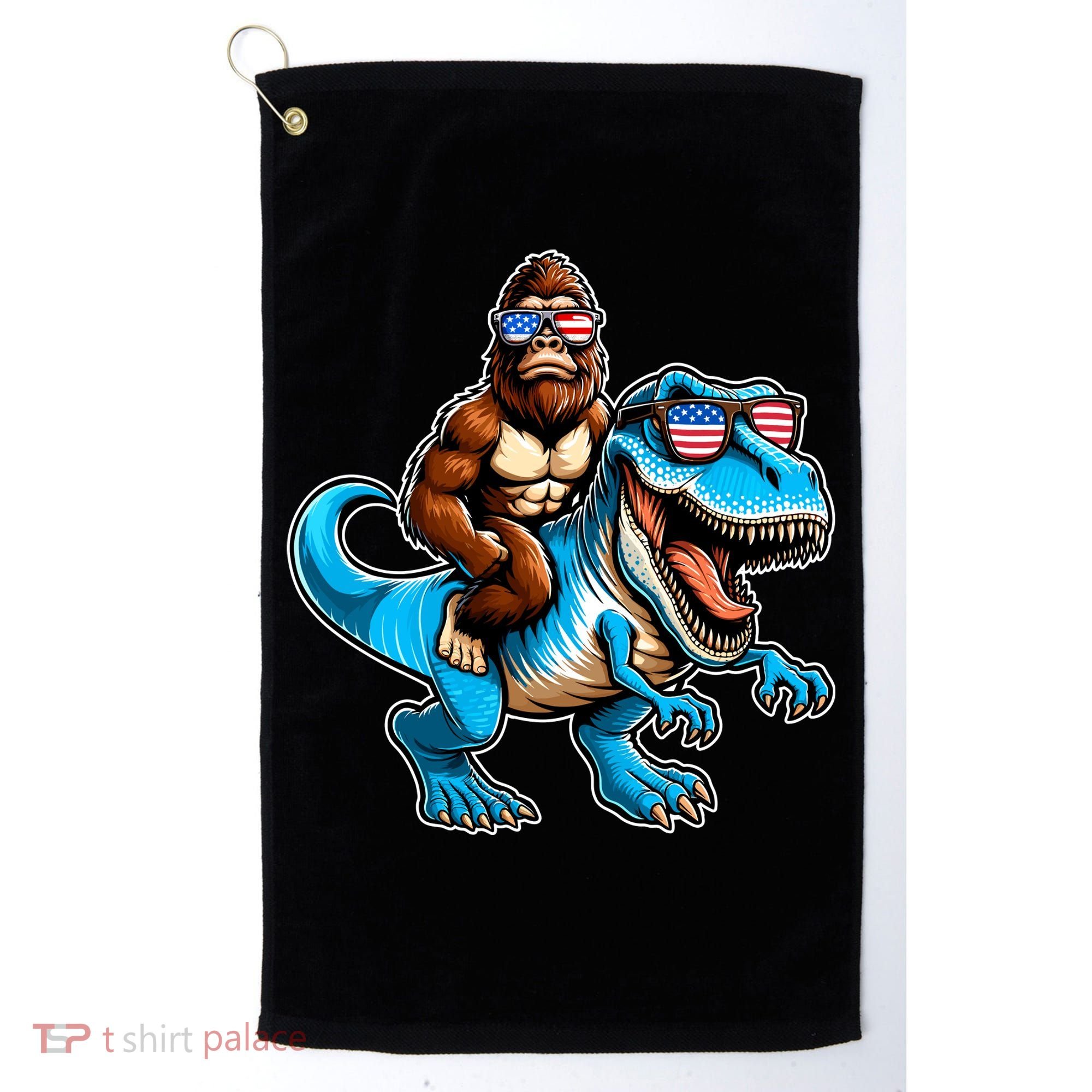 Patriotic Bigfoot Riding T Rex Golf Towel