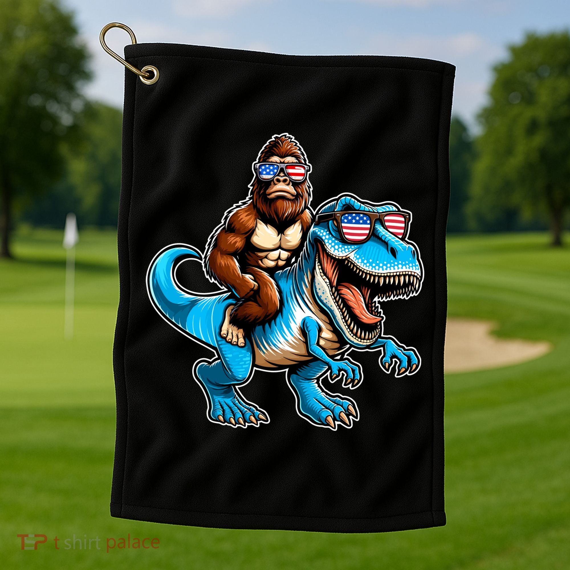 Patriotic Bigfoot Riding T Rex Golf Towel
