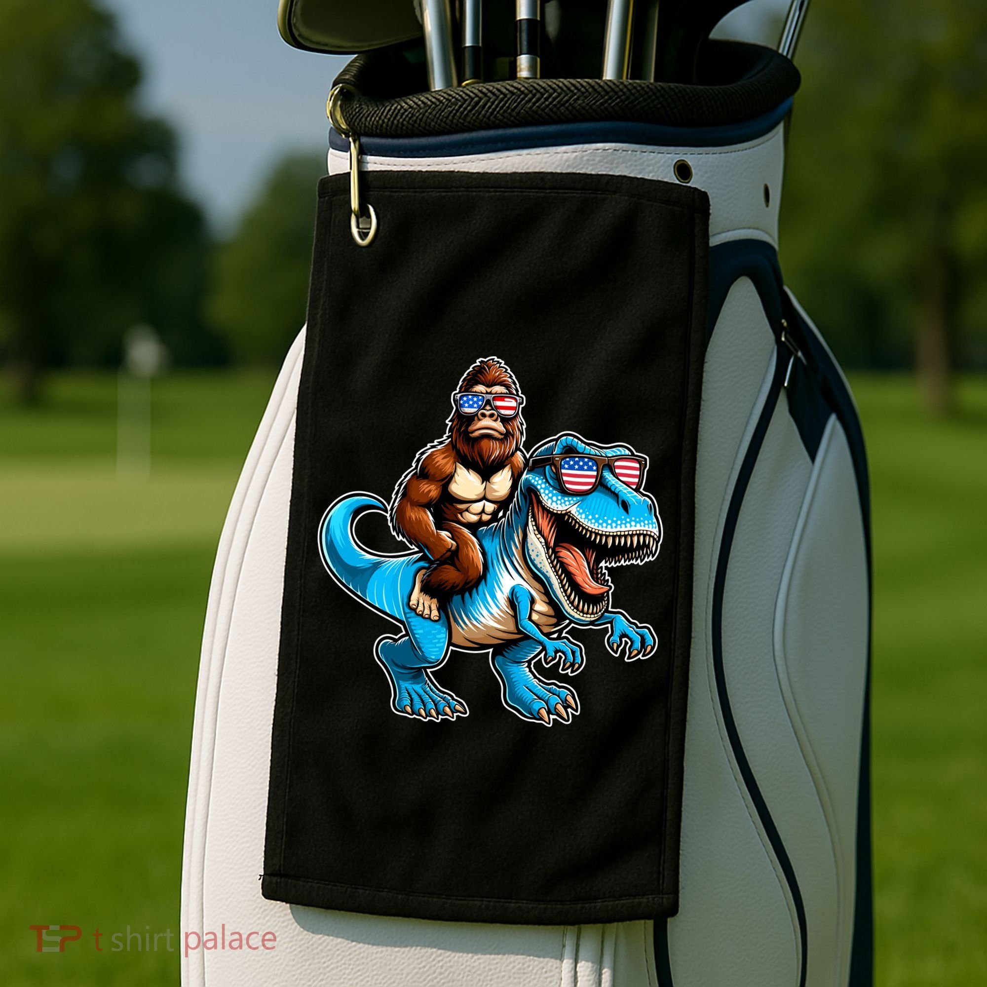 Patriotic Bigfoot Riding T Rex Golf Towel