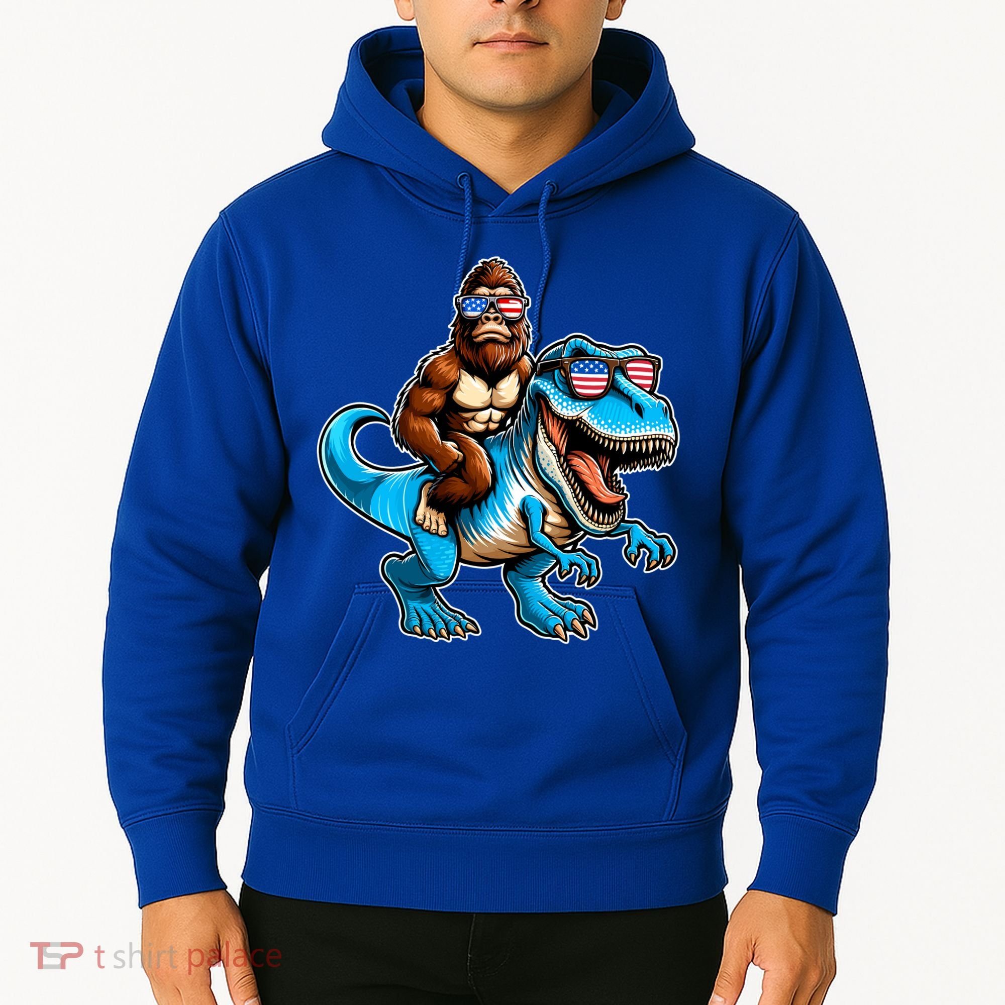 Patriotic Bigfoot Riding T Rex Hoodie