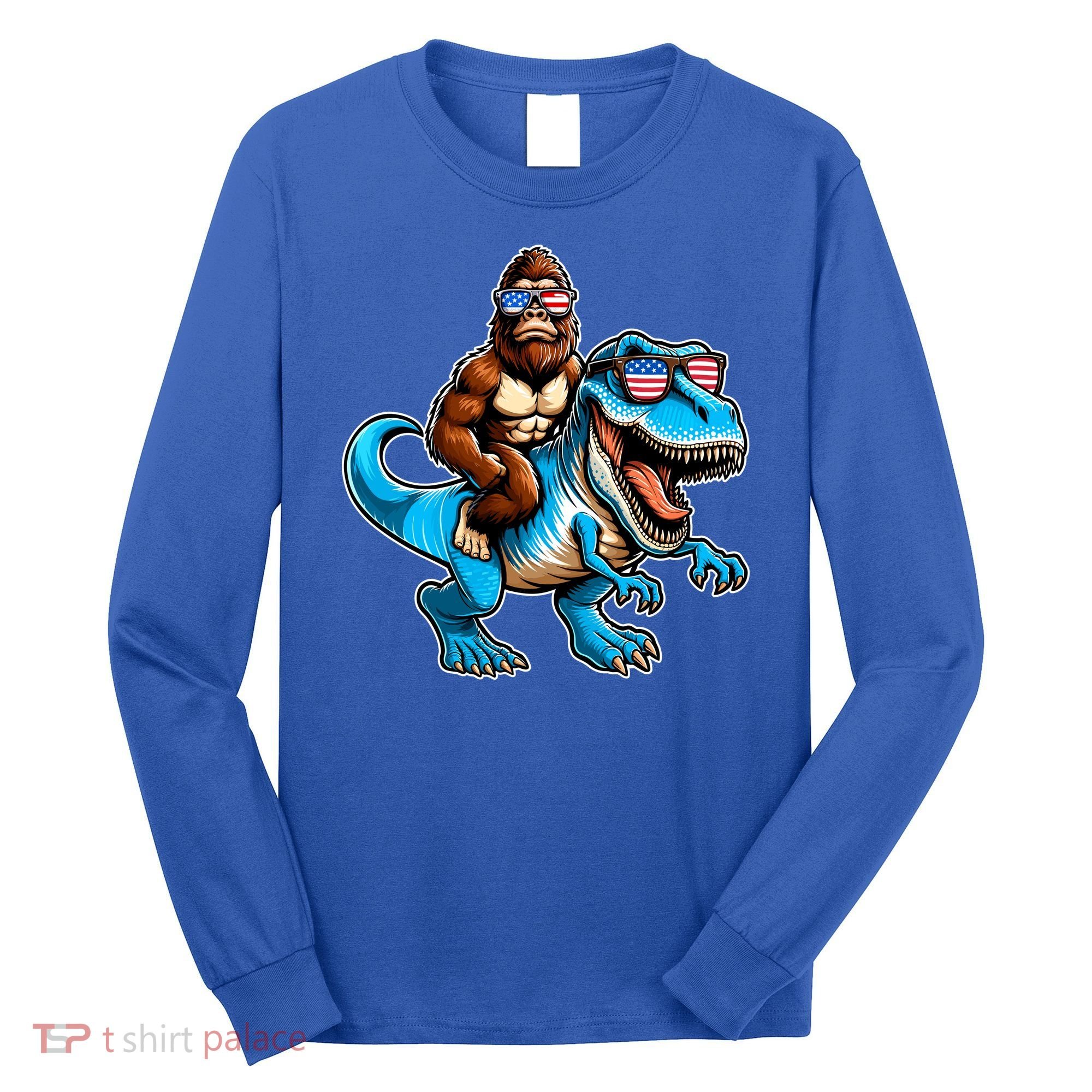 Patriotic Bigfoot Riding T Rex Long Sleeve Shirt
