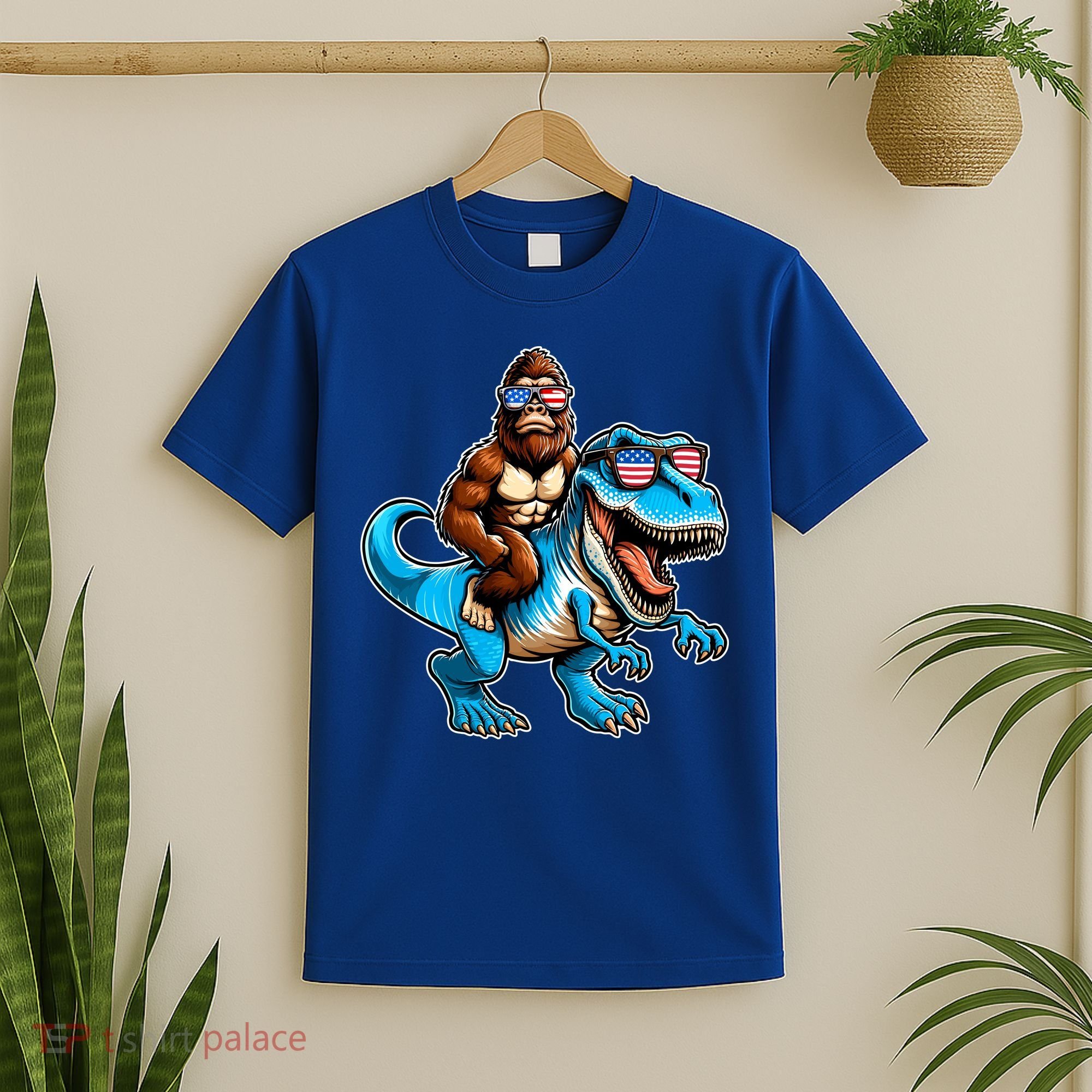 Patriotic Bigfoot Riding T Rex T-Shirt