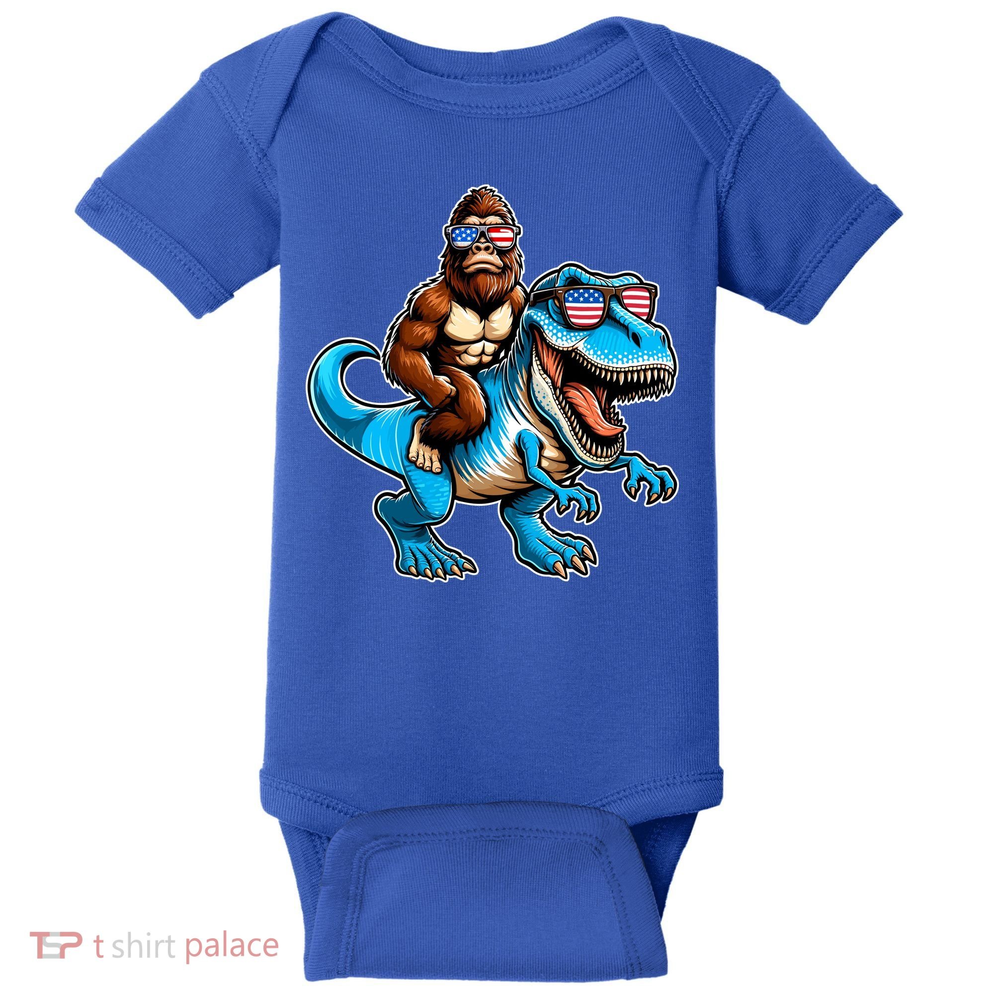 Patriotic Bigfoot Riding T Rex Baby Bodysuit