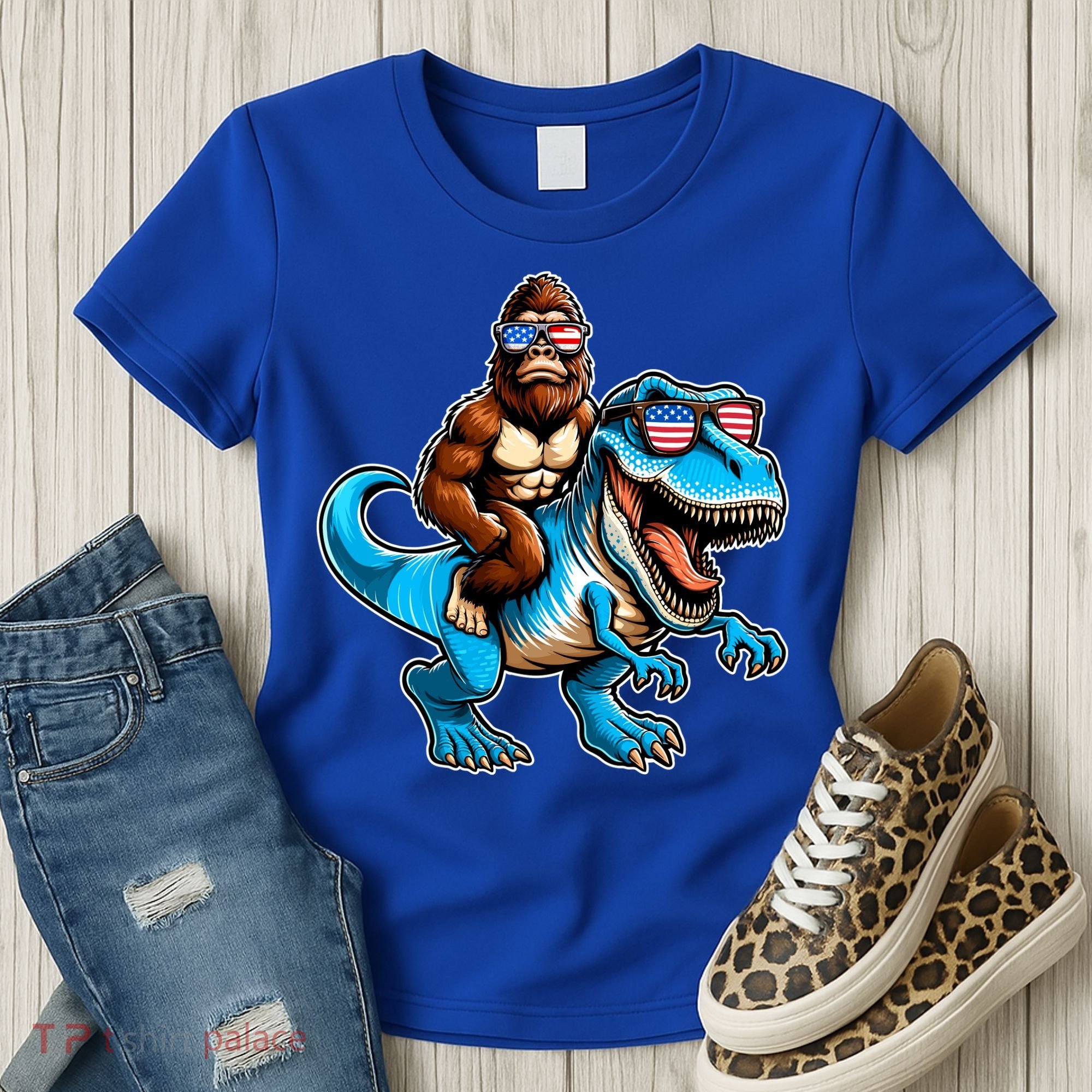 Patriotic Bigfoot Riding T Rex Women's T-Shirt