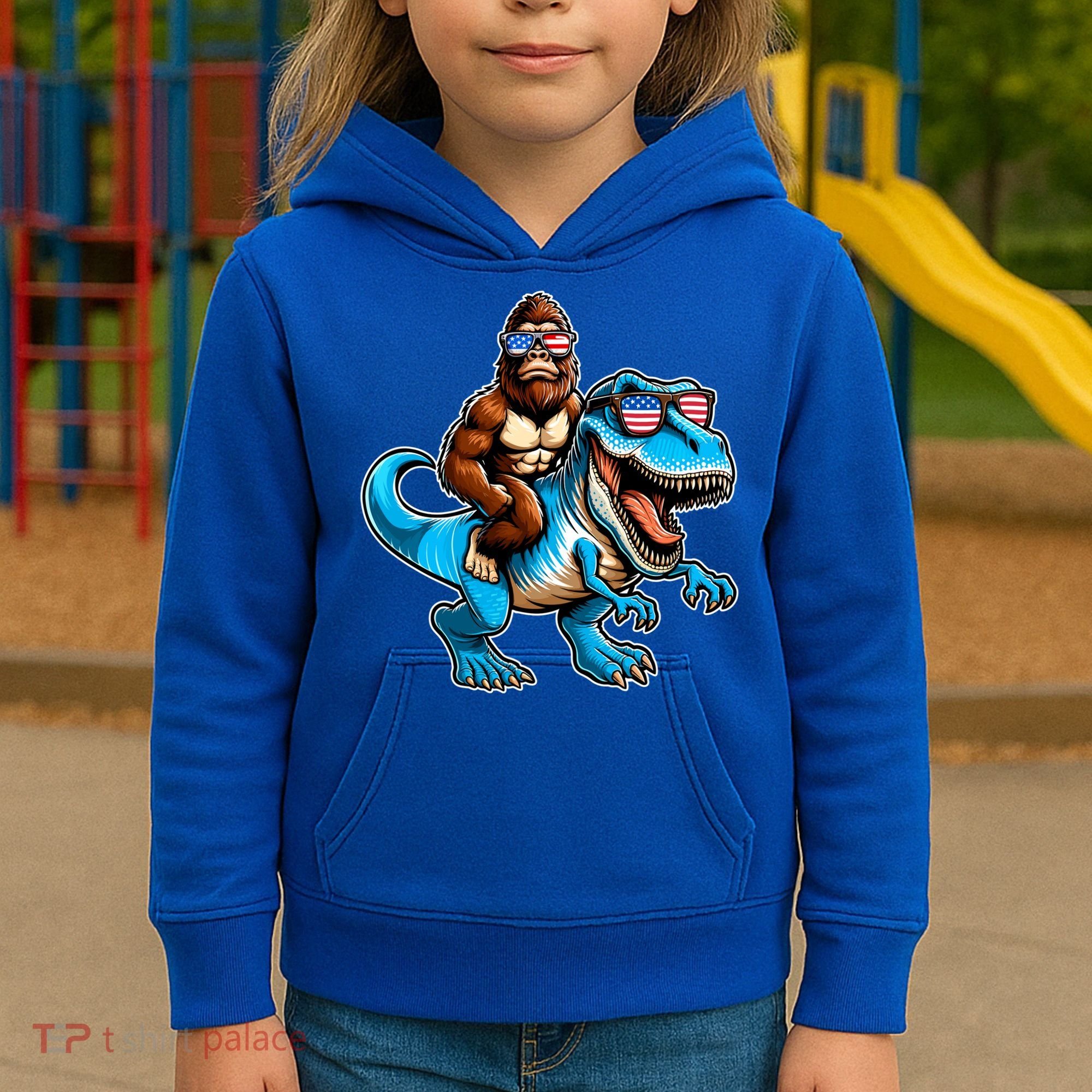 Patriotic Bigfoot Riding T Rex Kids Hoodie