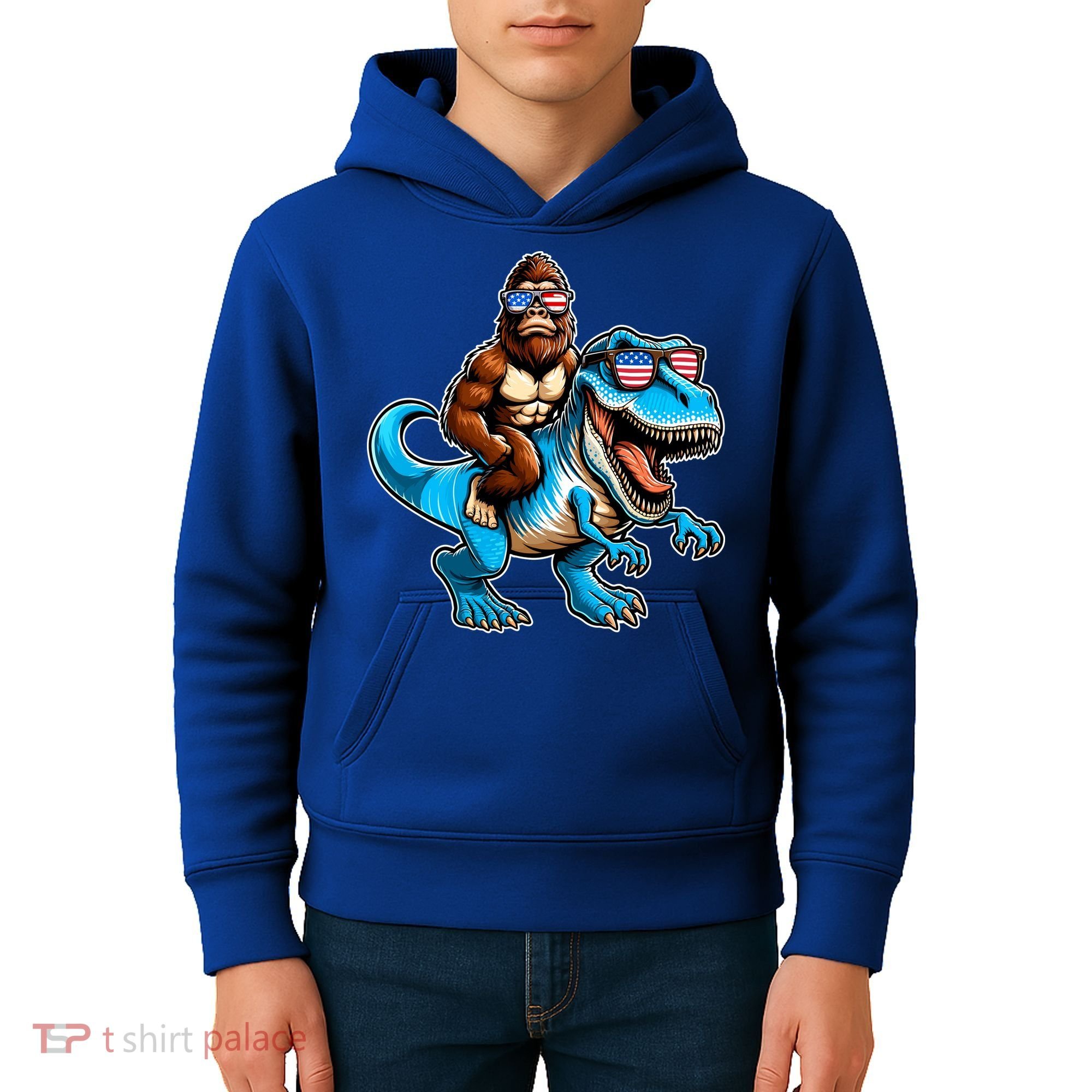 Patriotic Bigfoot Riding T Rex Kids Hoodie