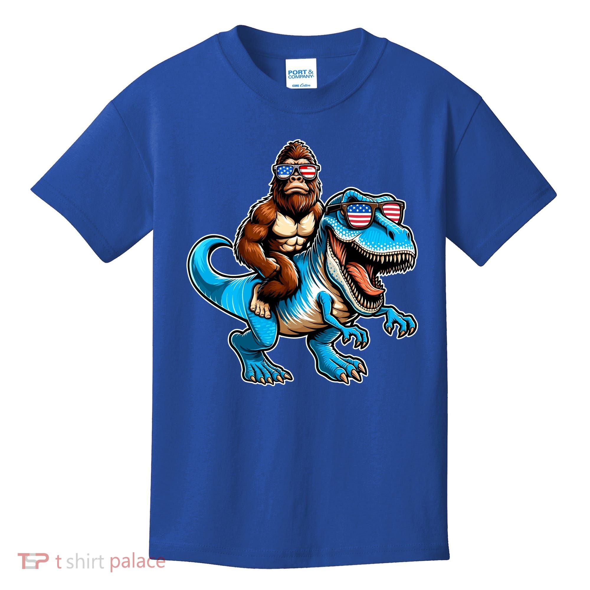 Patriotic Bigfoot Riding T Rex Kids T-Shirt