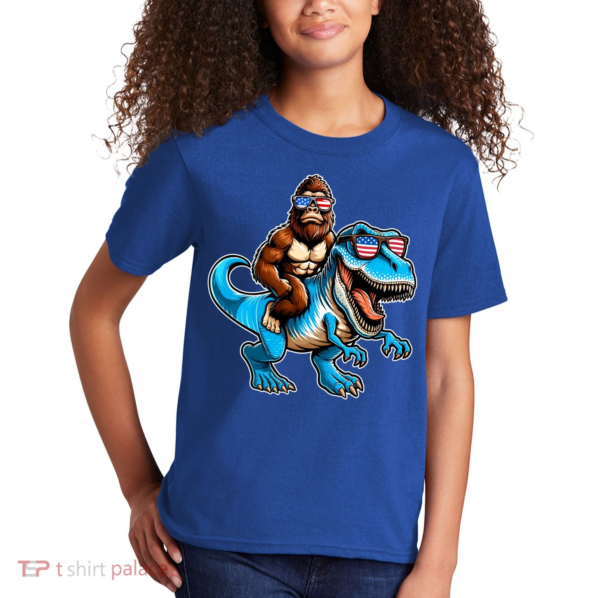 Patriotic Bigfoot Riding T Rex Kids T-Shirt