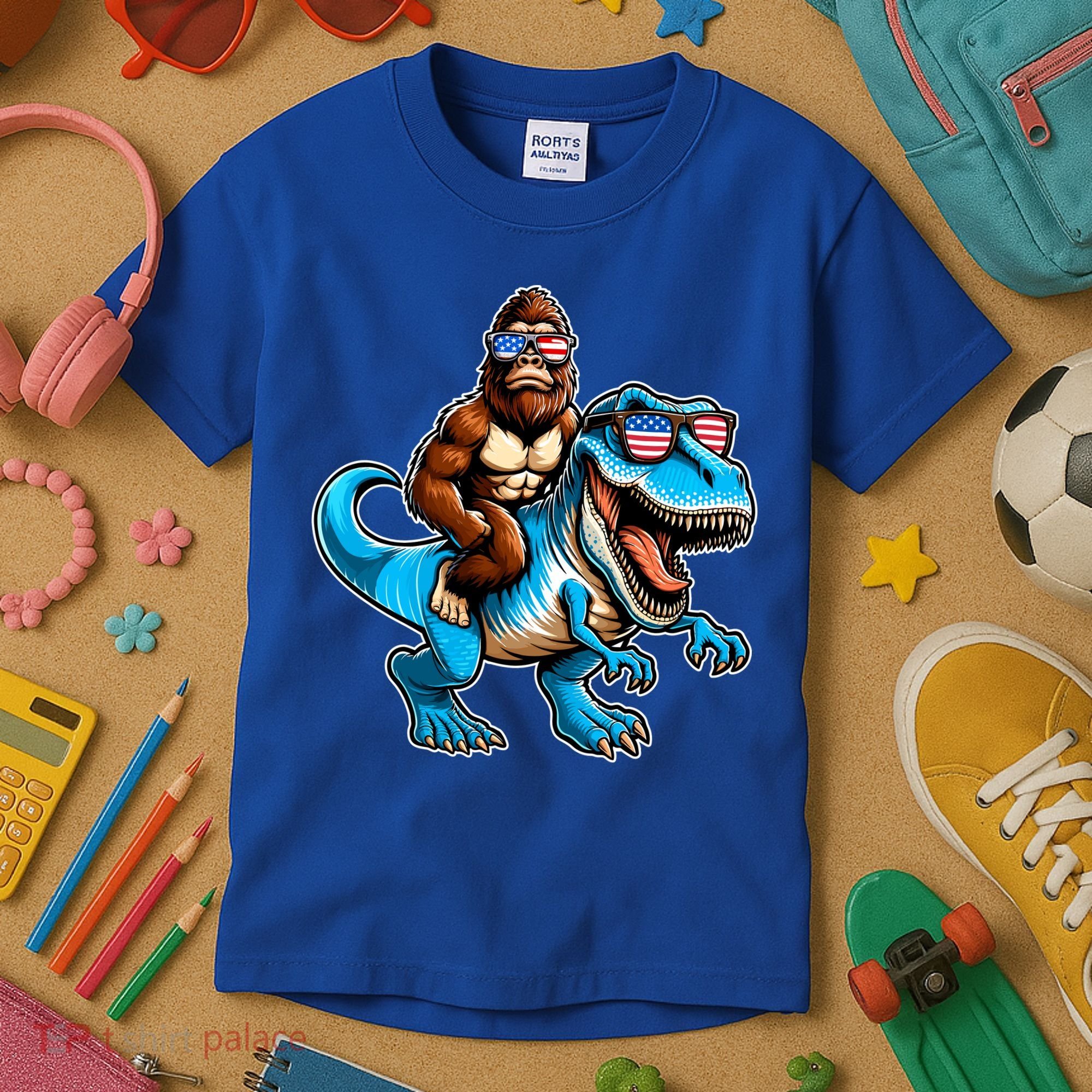 Patriotic Bigfoot Riding T Rex Kids T-Shirt