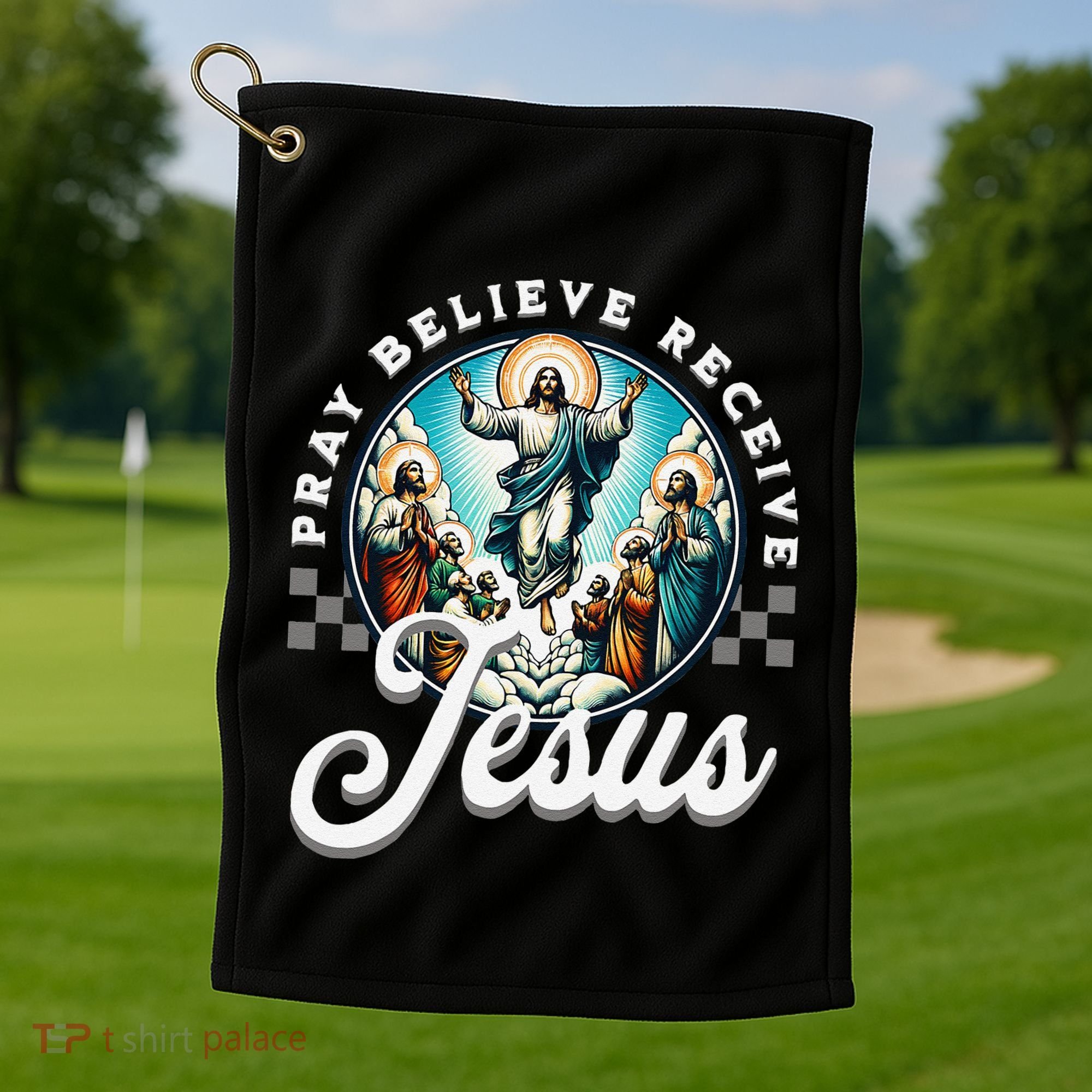 Pray Believe Receive Jesus For Catholic Christian Faith Golf Towel