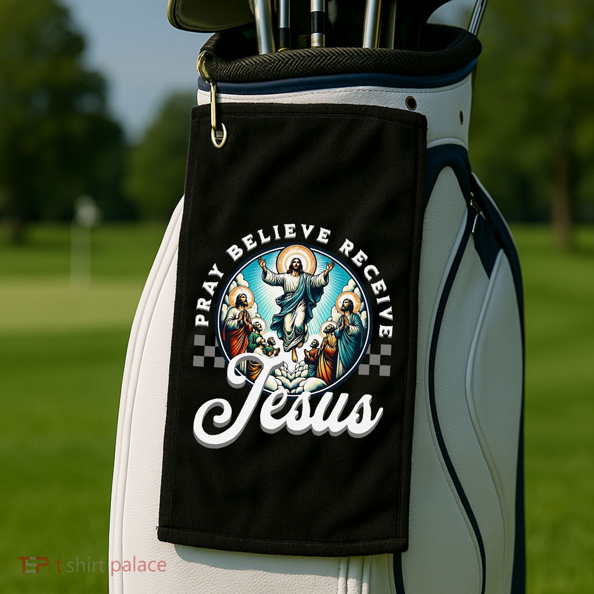 Pray Believe Receive Jesus For Catholic Christian Faith Golf Towel