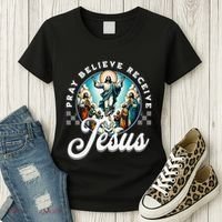 Pray Believe Receive Jesus For Catholic Christian Faith Women's T-Shirt thumb 3